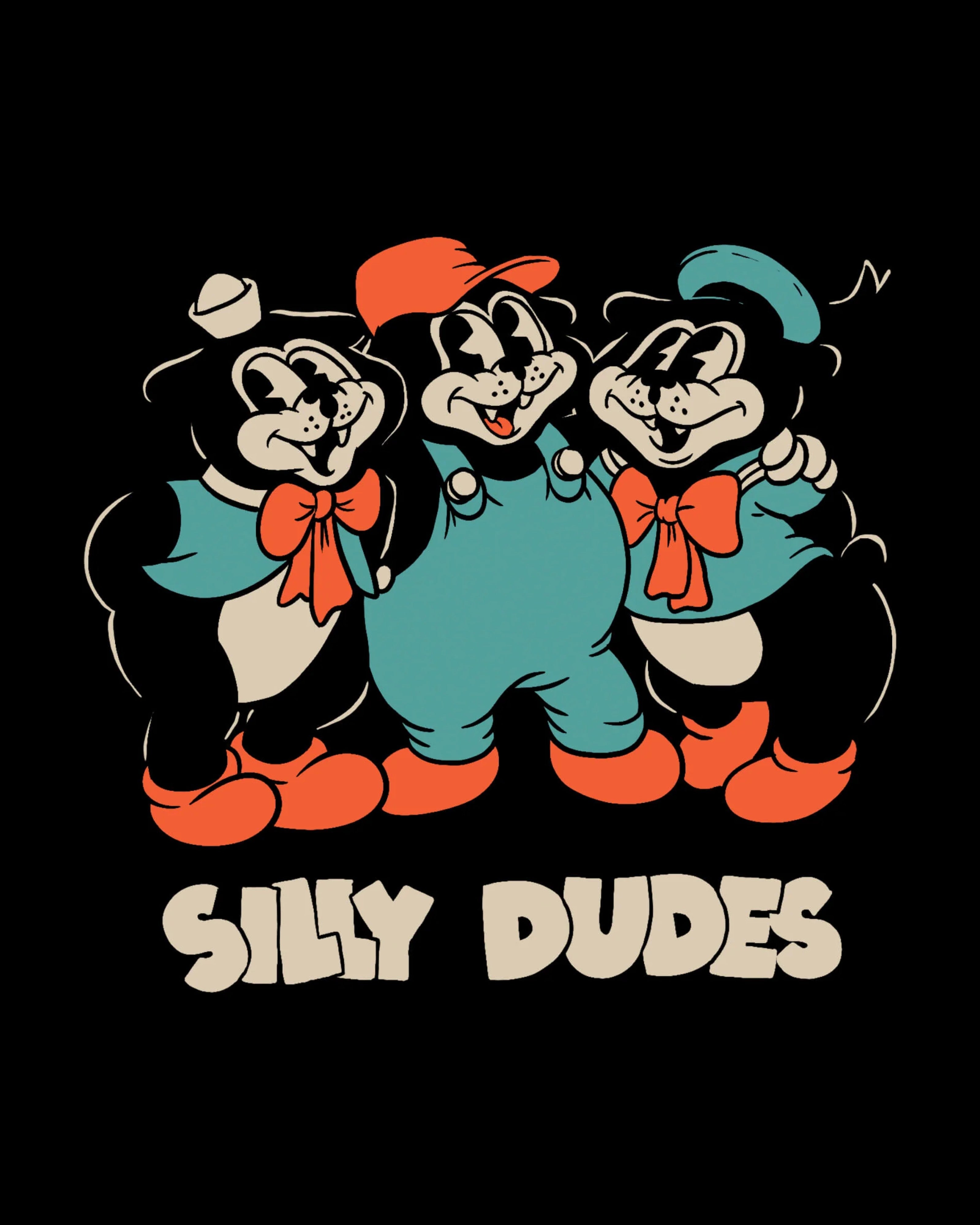 Astrofat black t-shirt with a graphic of three cartoon bears in teal overalls and orange shoes, with text "Silly Dudes".
