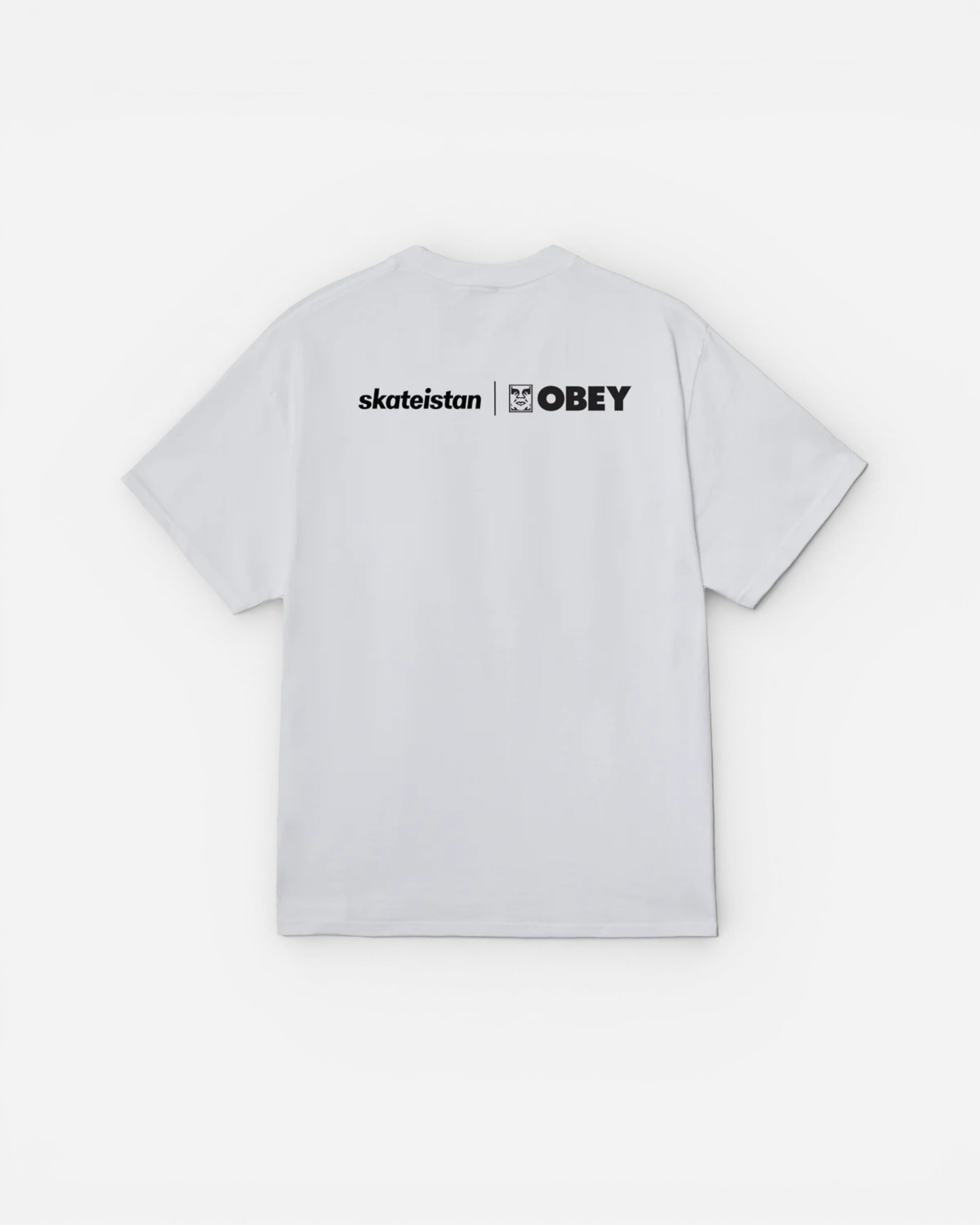 Astrofat Skateistan x Obey white 100% cotton t-shirt with regular fit and graphic print.