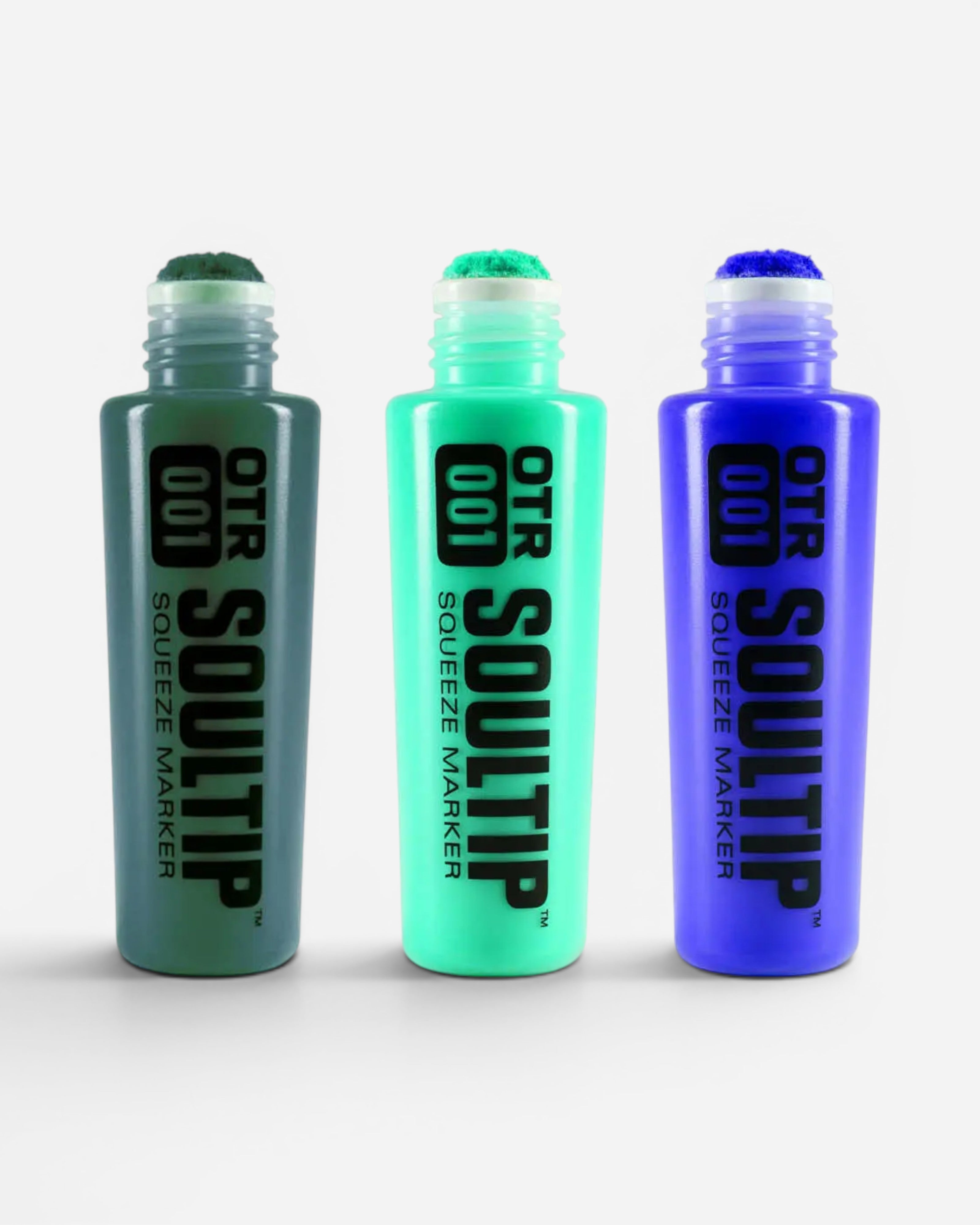Astrofat OTR.001 Soultip Squeeze Marker 22mm in green, green pastel, and royal blue. Features a 120ml refillable bottle and a 22mm round tip.