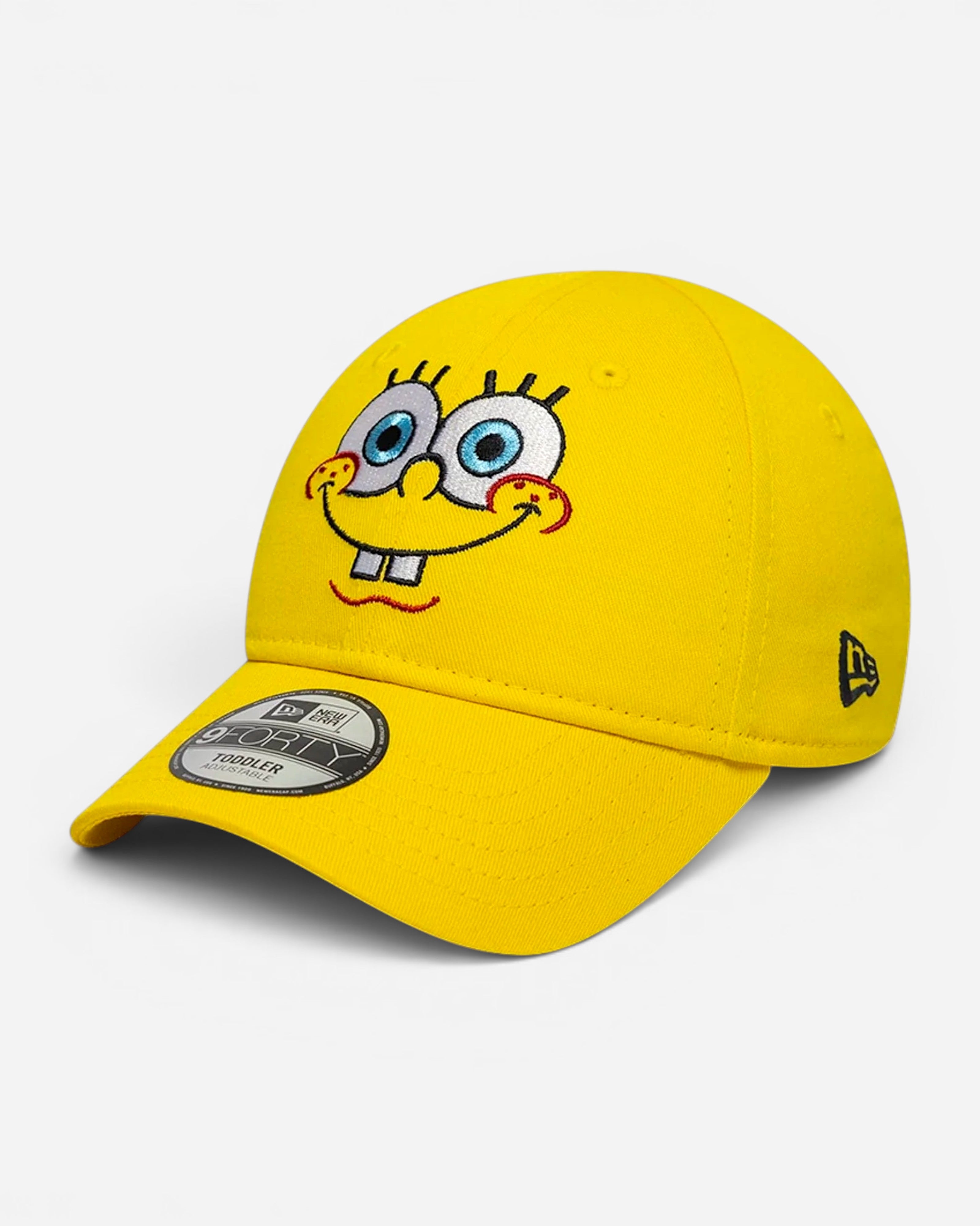Astrofat toddler yellow cotton baseball cap with Spongebob Squarepants face graphic, New Era logo, curved brim, and velcro closure.