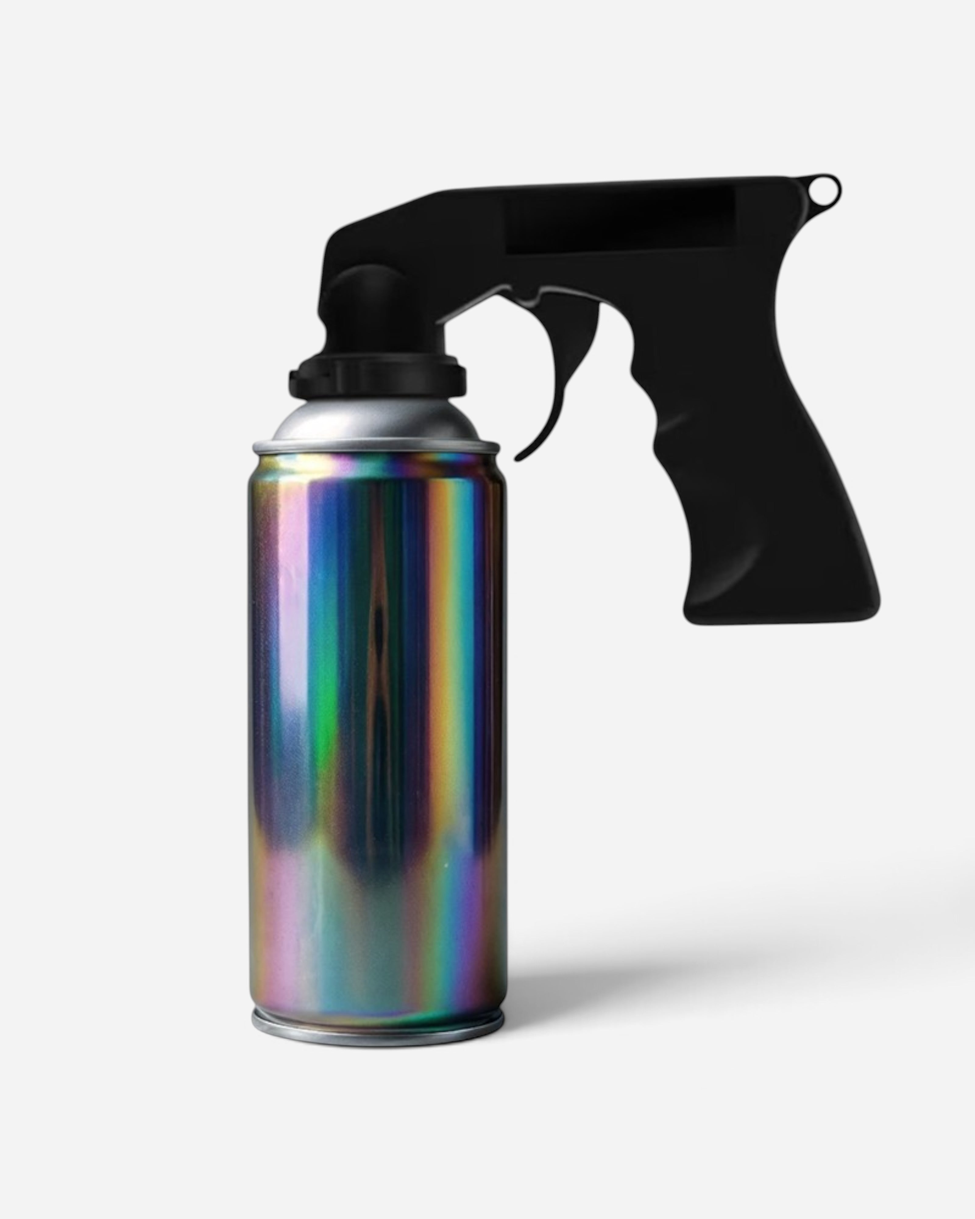 Astrofat spray gun adapter in black attached to a metallic iridescent spray paint can for comfortable painting.