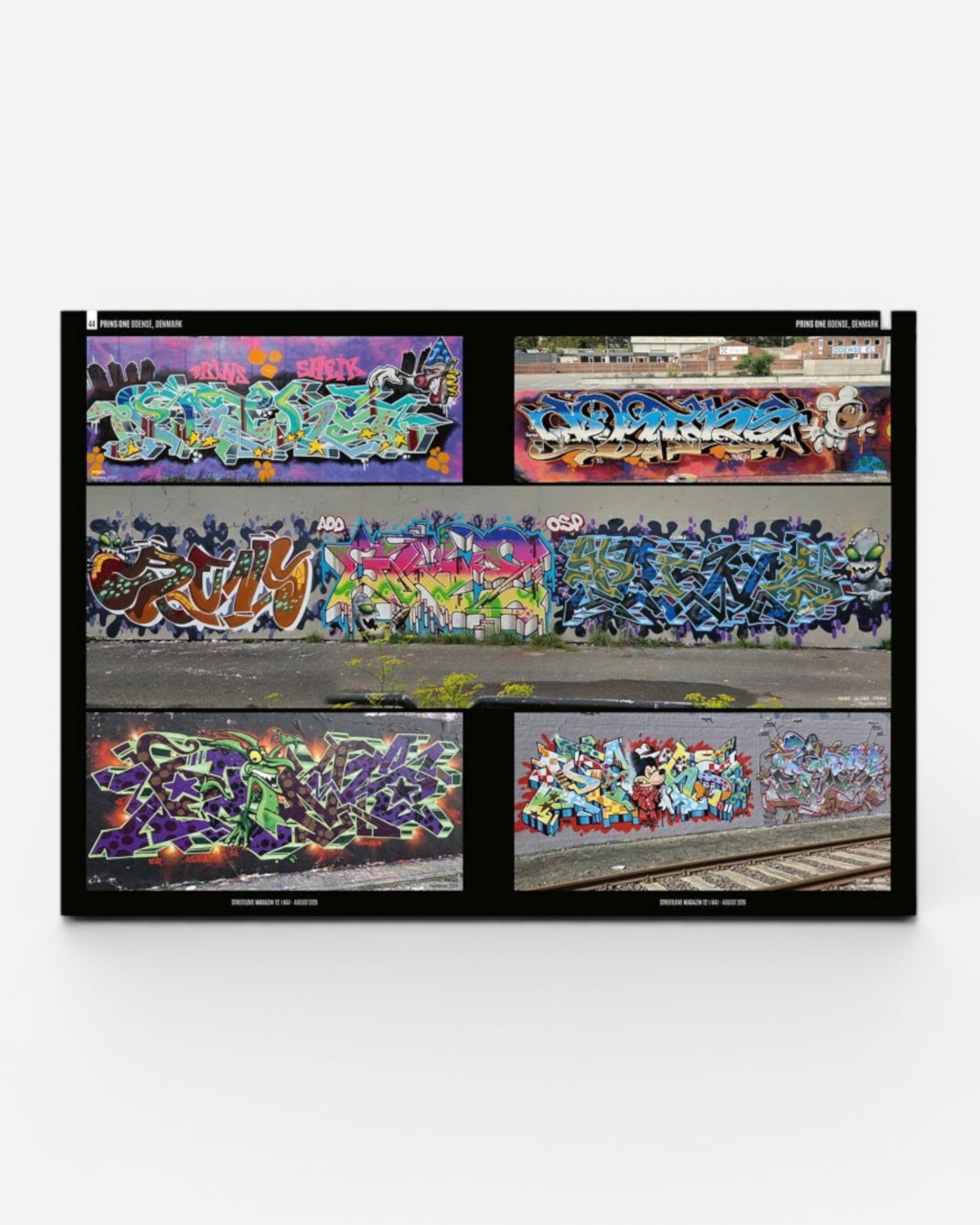 Streetlove Magazine Issue 12 features graffiti art from Prins One in Odense, Denmark. Colorful murals cover walls.