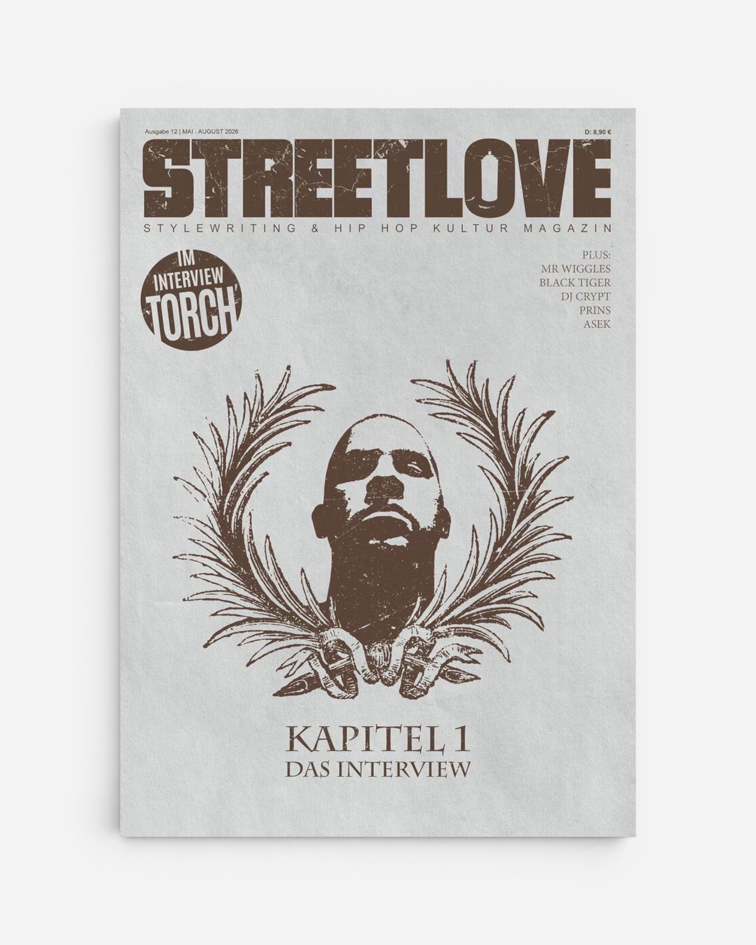 Streetlove Magazine Issue 12 cover featuring a brown illustration of a man's head surrounded by laurel branches and text about interviews.