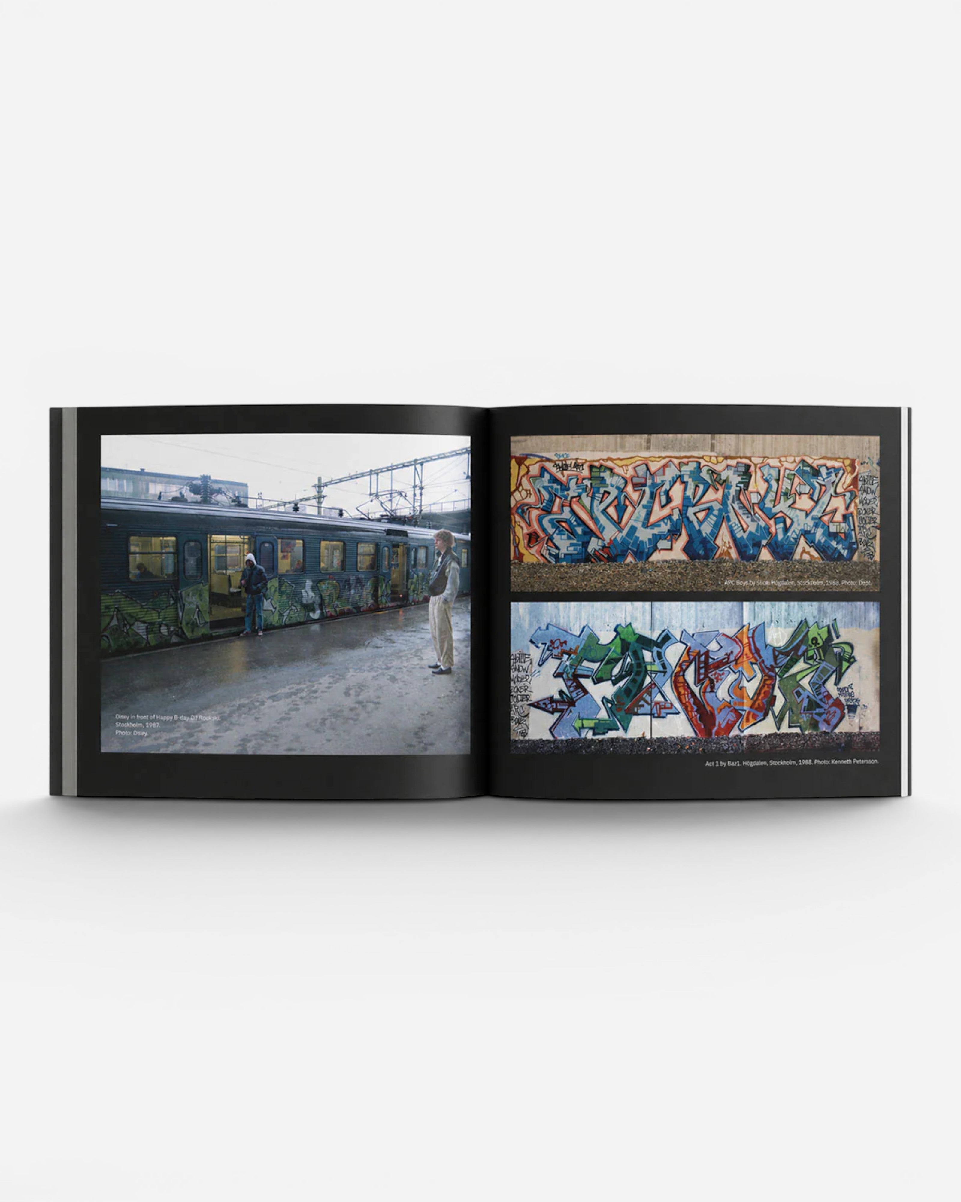 Astrofat Svensk Old School Graffiti book featuring graffiti art on a train and walls. Includes blue, green, and orange graffiti.