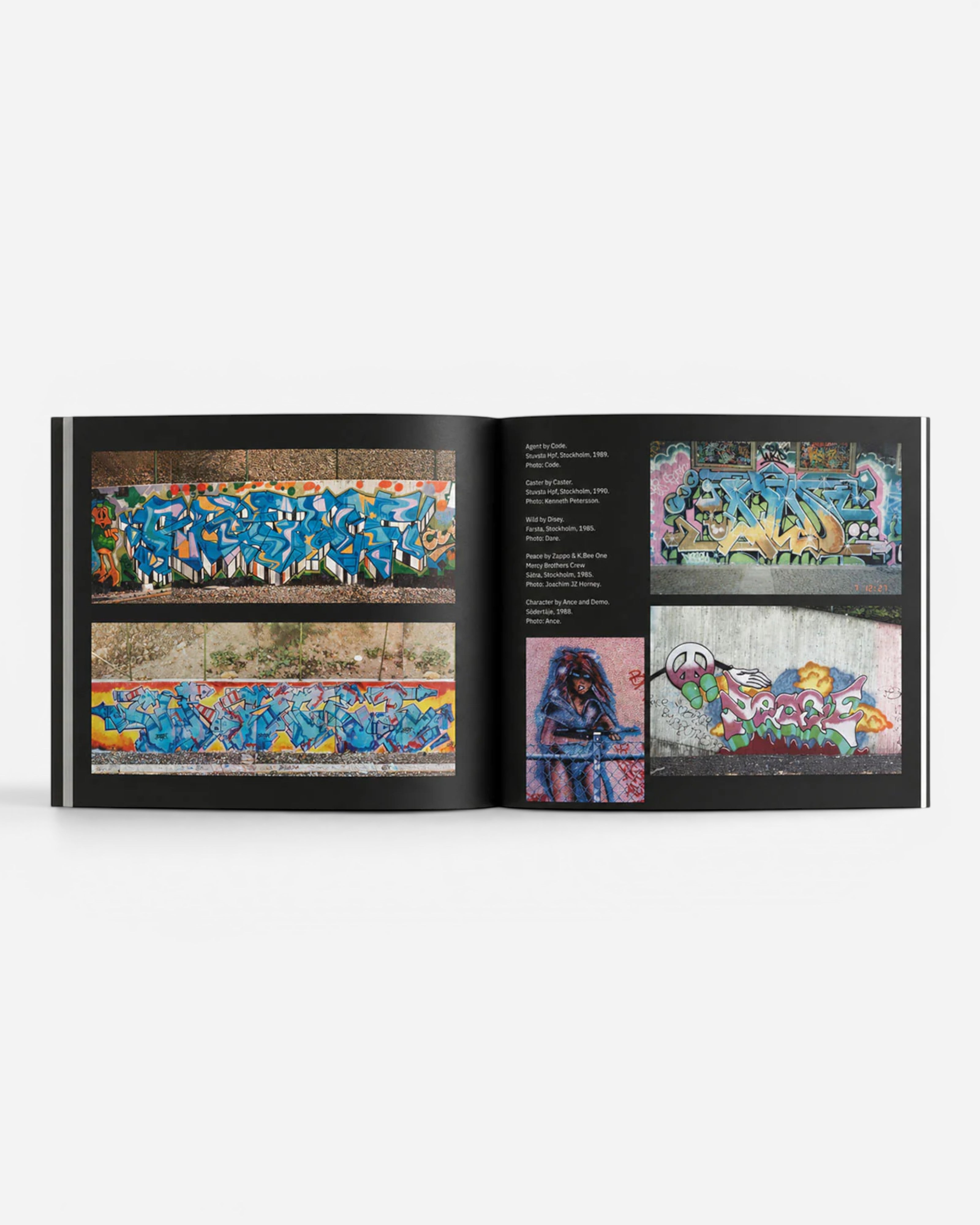 Astrofat Svensk Old School Graffiti book featuring vibrant blue and yellow graffiti art on walls and a portrait of a woman.