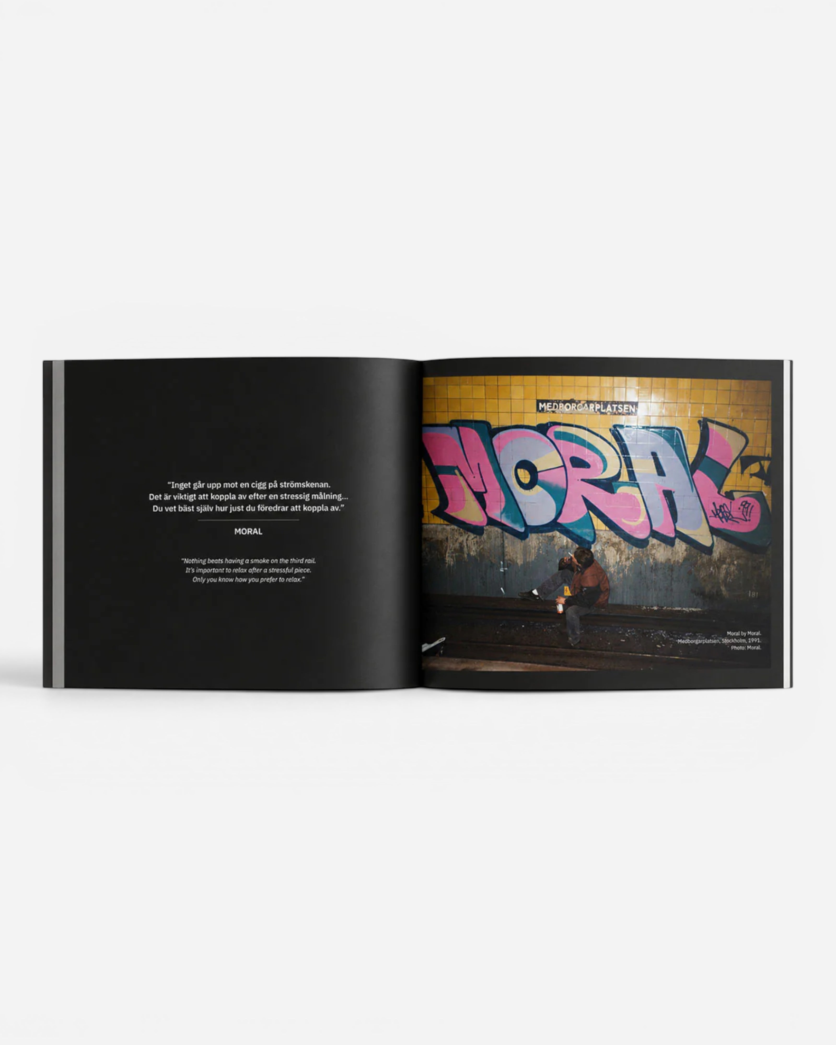 Astrofat book featuring "Swedish Old School Graffiti" with a colorful mural and a person sitting on train tracks.