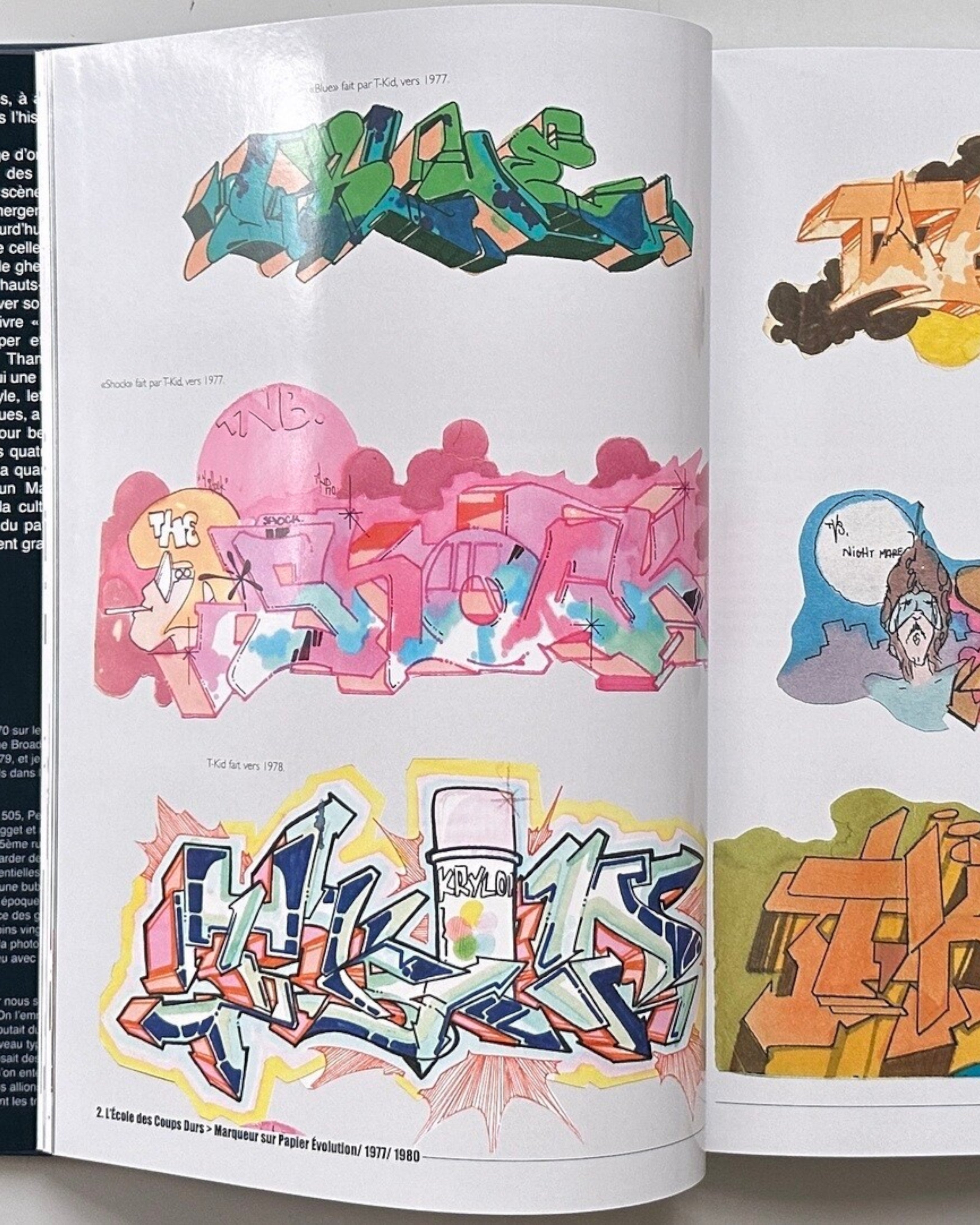 Astrofat book featuring T-Kid 170 graffiti art with vibrant pink, green, and orange lettering. Includes spray paint cans and stylized characters.