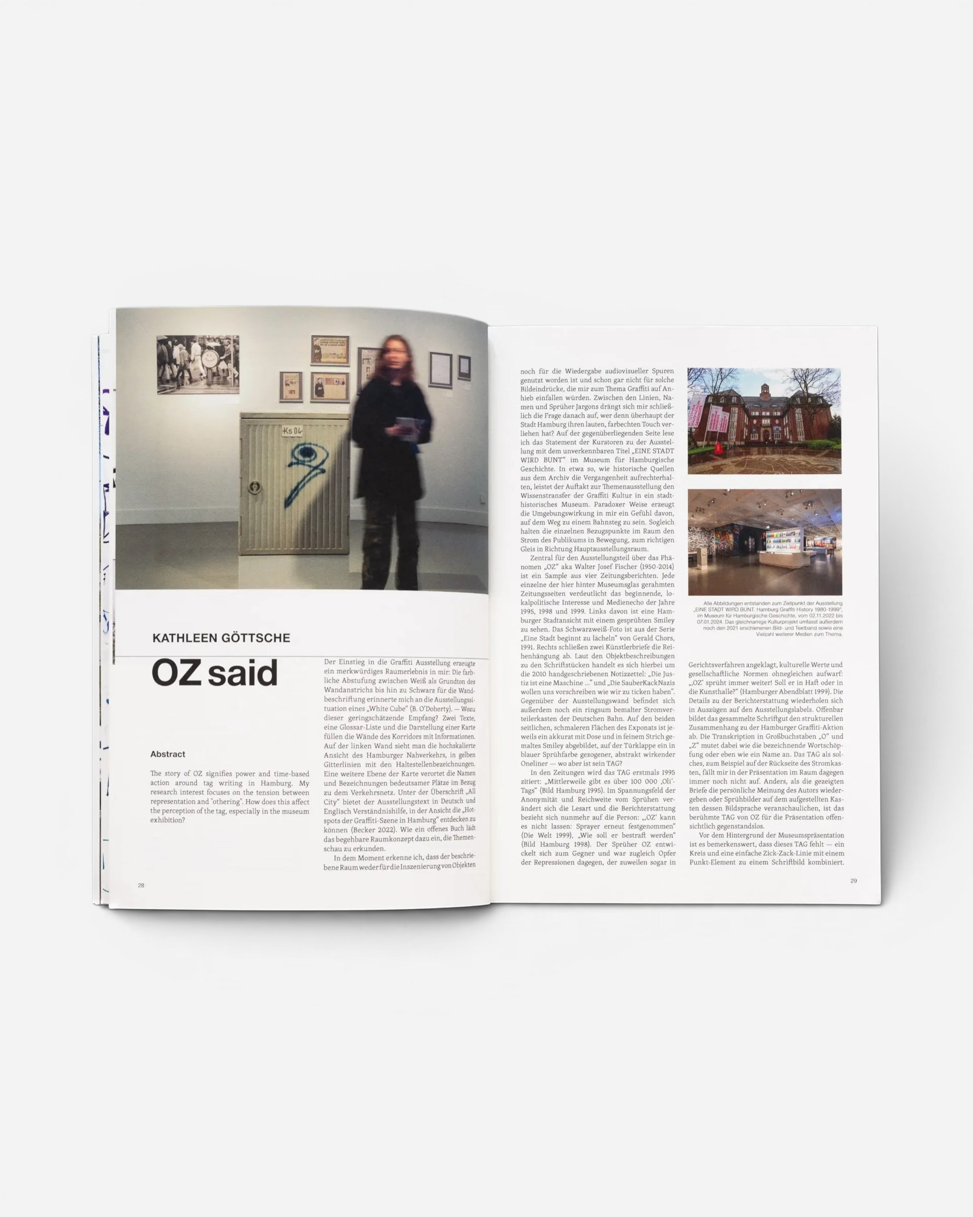 Astrofat TAG Name writing in public space book open to pages 28 and 29 featuring text and exhibition photography