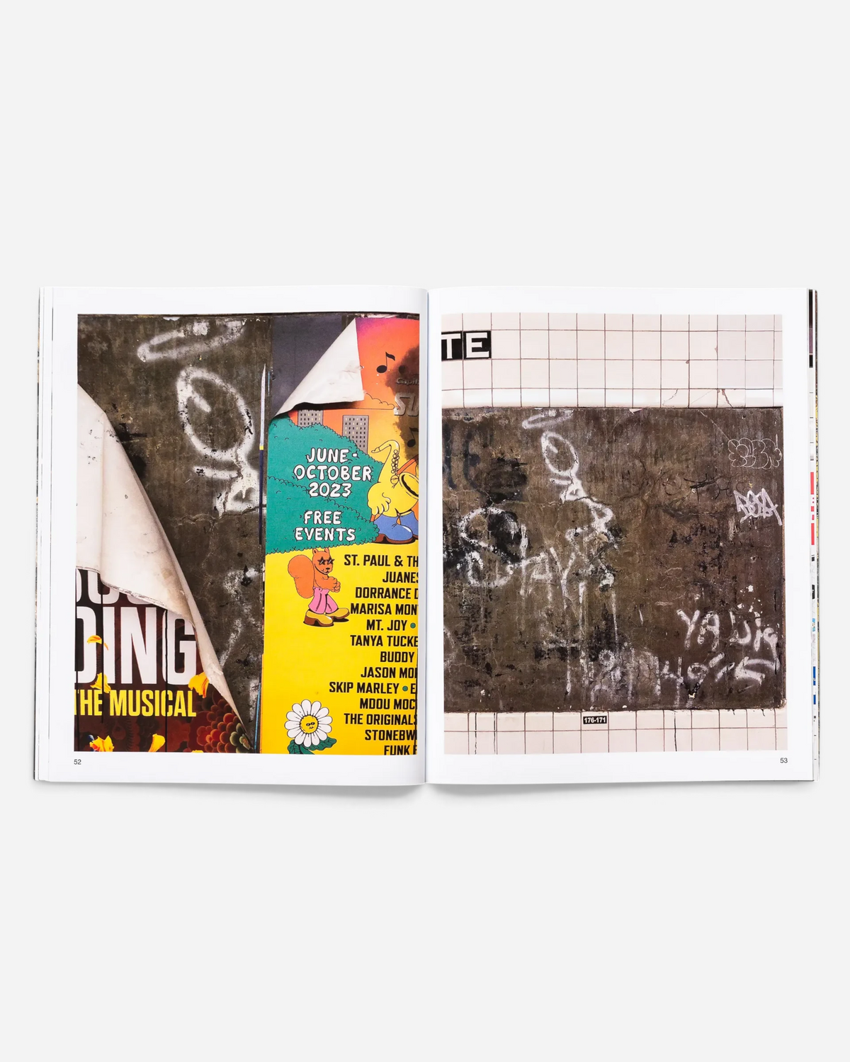 Astrofat Tag Town book open to pages 52 and 53 featuring Martha Cooper's photography of layered street graffiti and posters