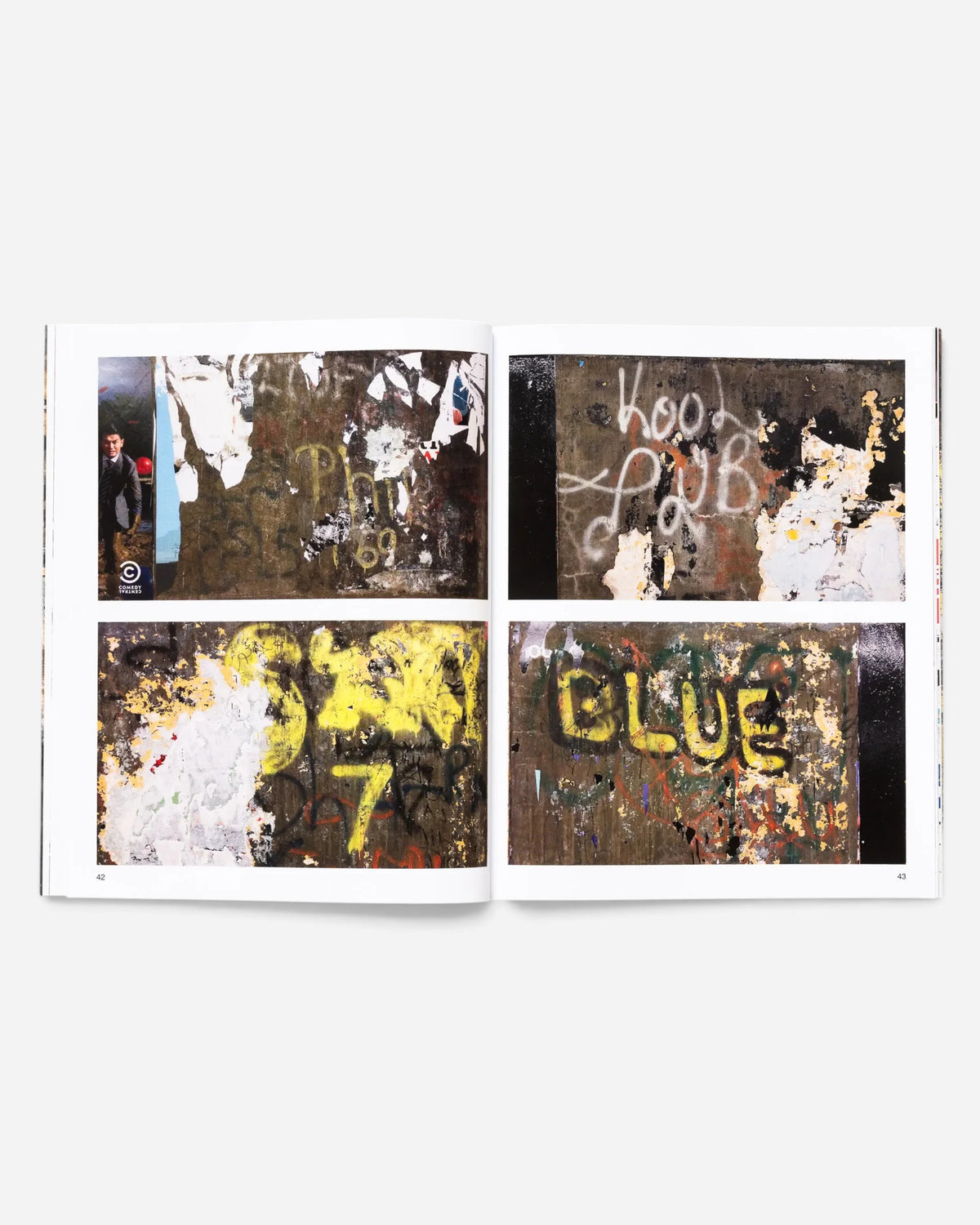 Astrofat Tag Town book open to pages 42 and 43 showing Martha Cooper photographs of vintage New York City graffiti tags.