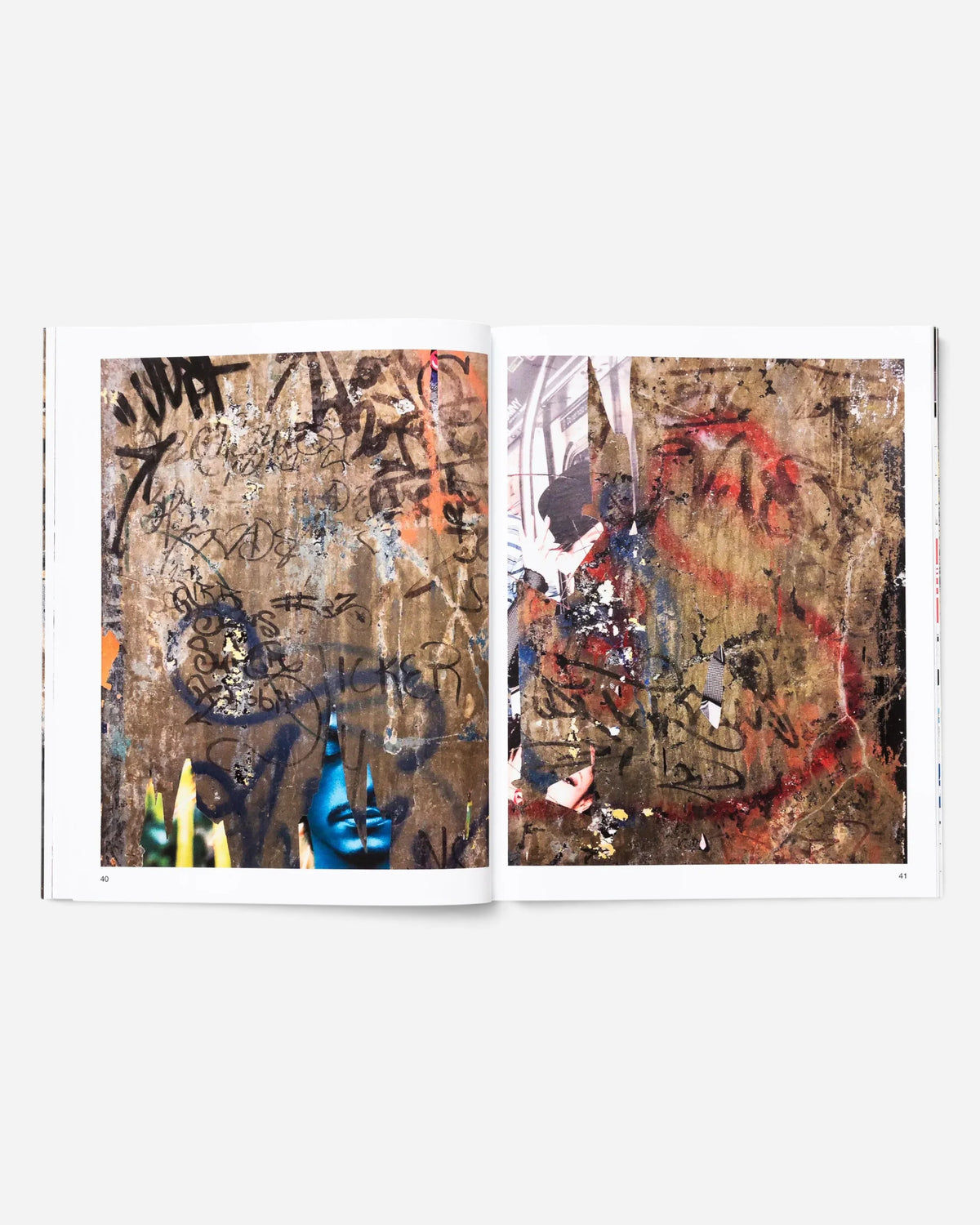 Astrofat Tag Town book open to pages 40 and 41 showing layered New York graffiti tags and urban street art photography.
