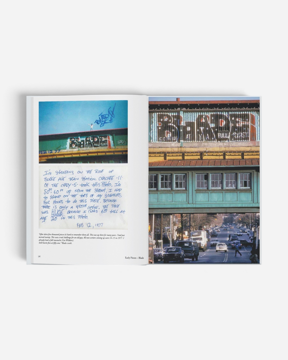 Astrofat Tag Town book open to a page showing Martha Cooper's 1977 graffiti photography of Blade's subway train art.