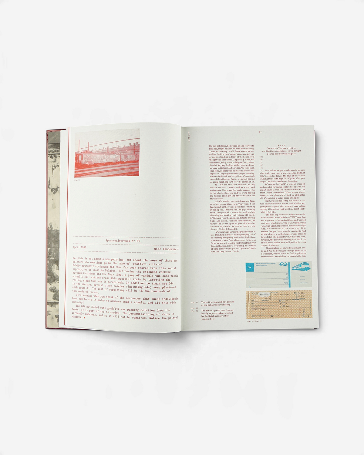 Open pages of Astrofat Tales From Belgium art book featuring text and archival photography of graffiti trains