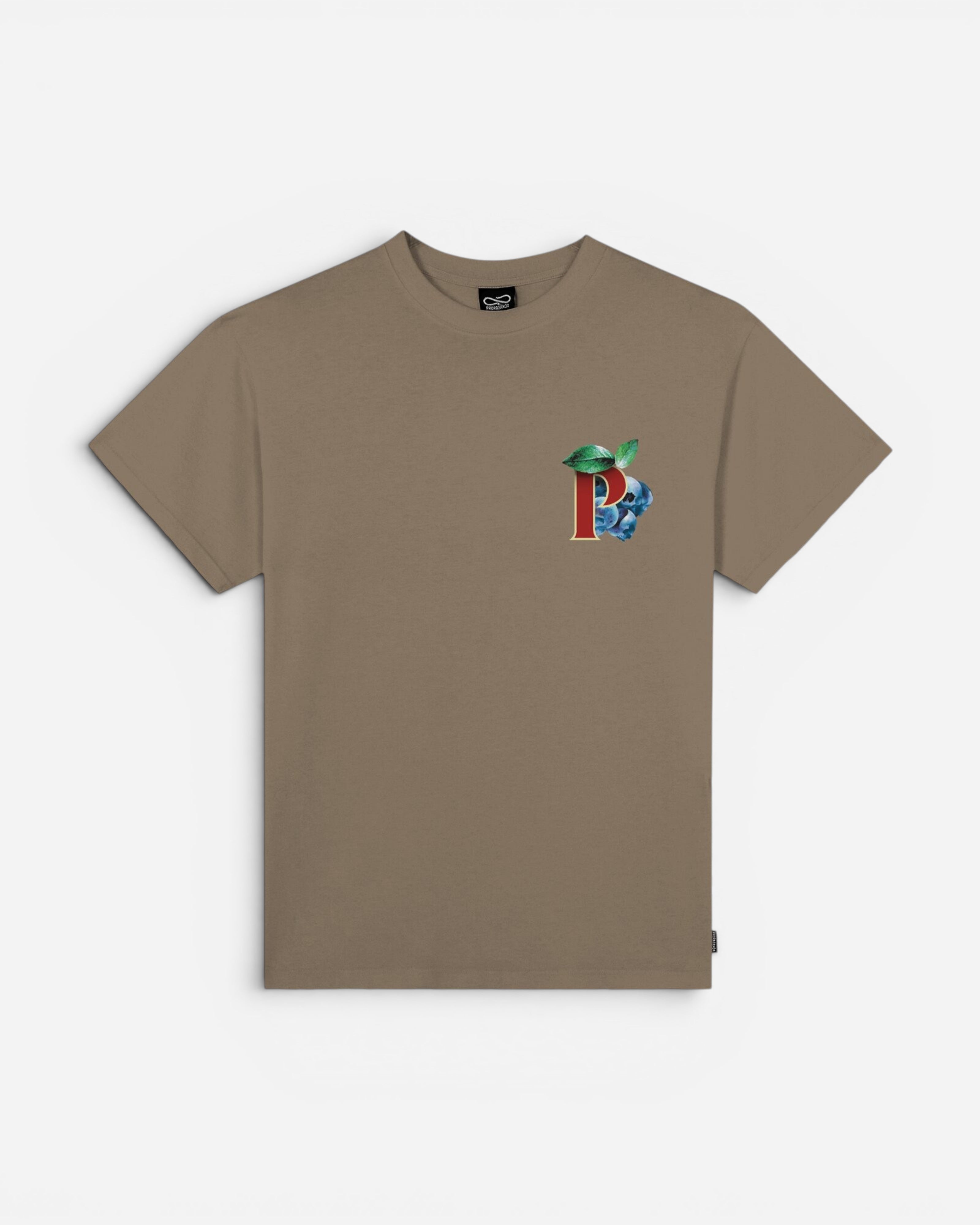 Astrofat taupe cotton t-shirt with a graphic print of a red letter P with a blueberry and leaves on the left chest.
