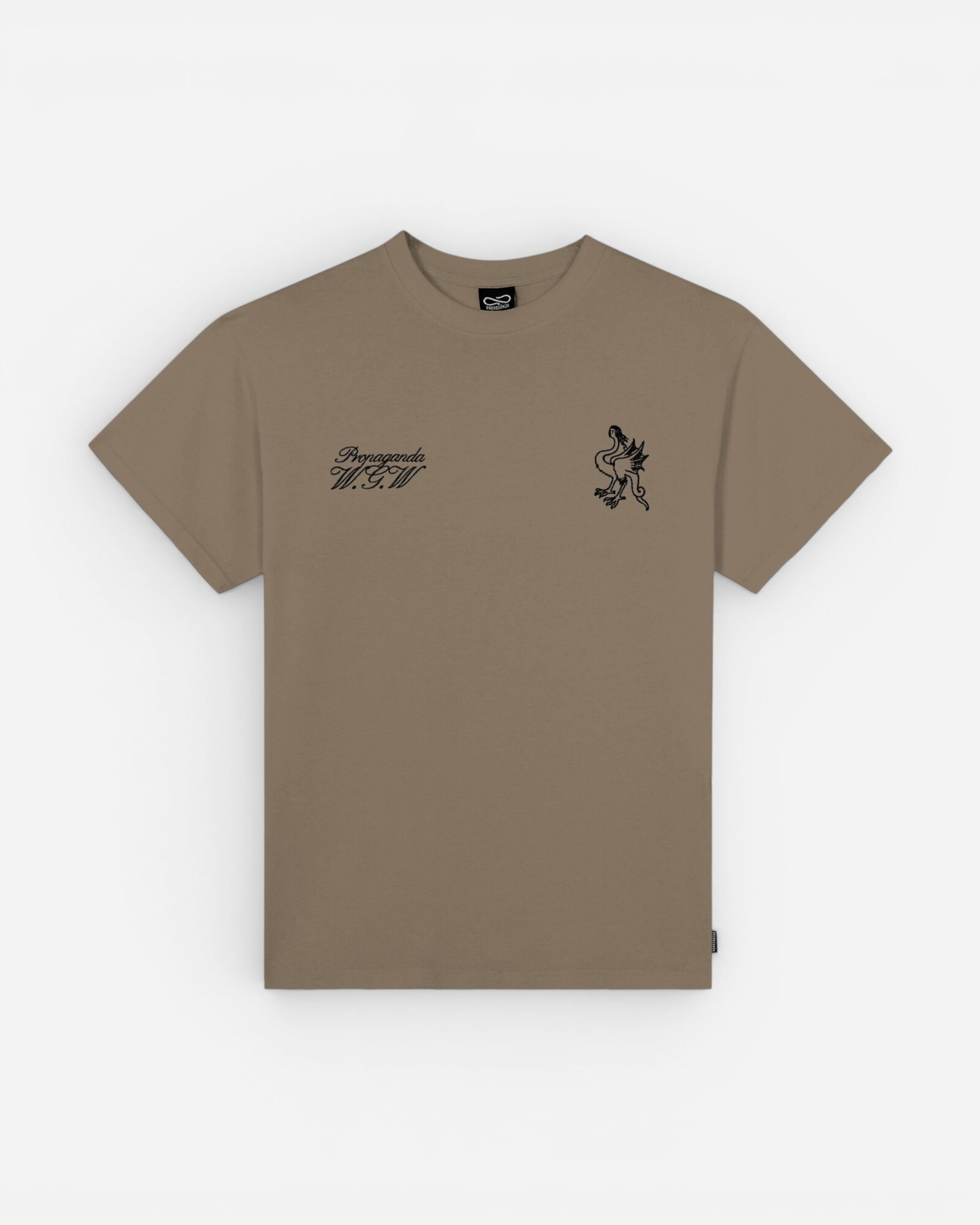 Astrofat taupe cotton t-shirt with short sleeves, featuring a black graphic print of a griffin and text on the front.