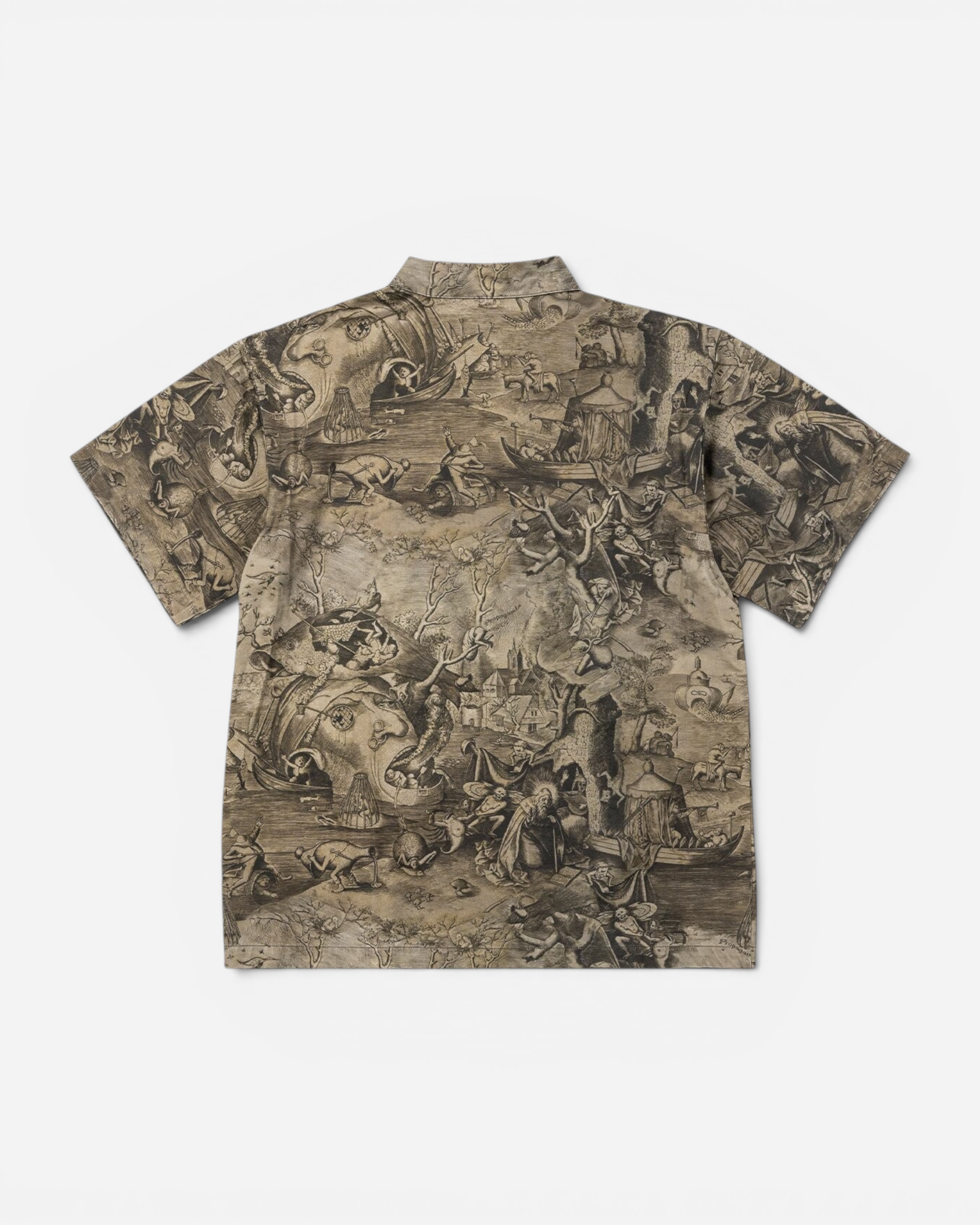 Astrofat Temptation short sleeve cotton shirt with an all-over intricate historical art print in brown and black.