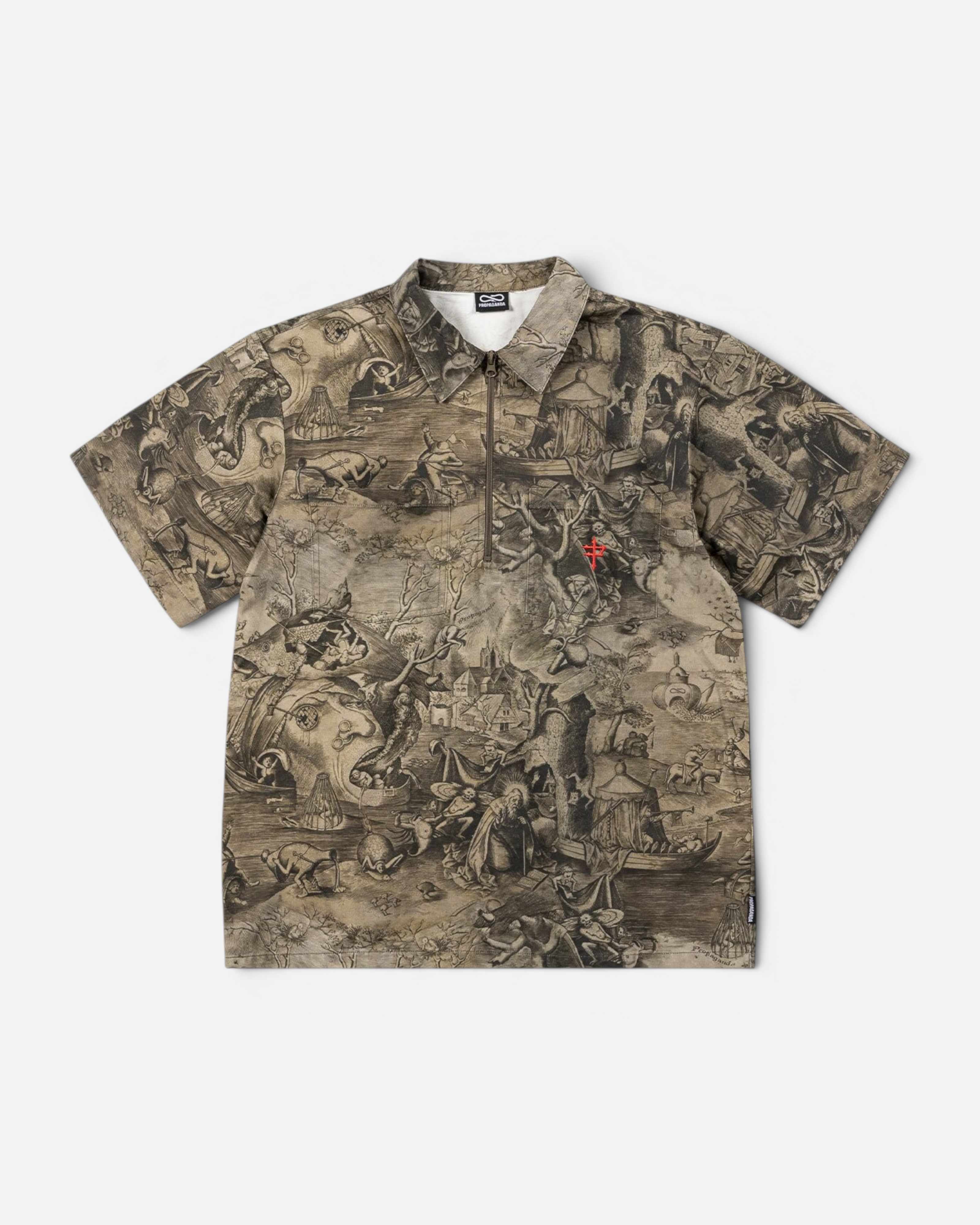 Astrofat Temptation short-sleeve half-zip shirt in beige cotton with an all-over dark surrealist graphic print.