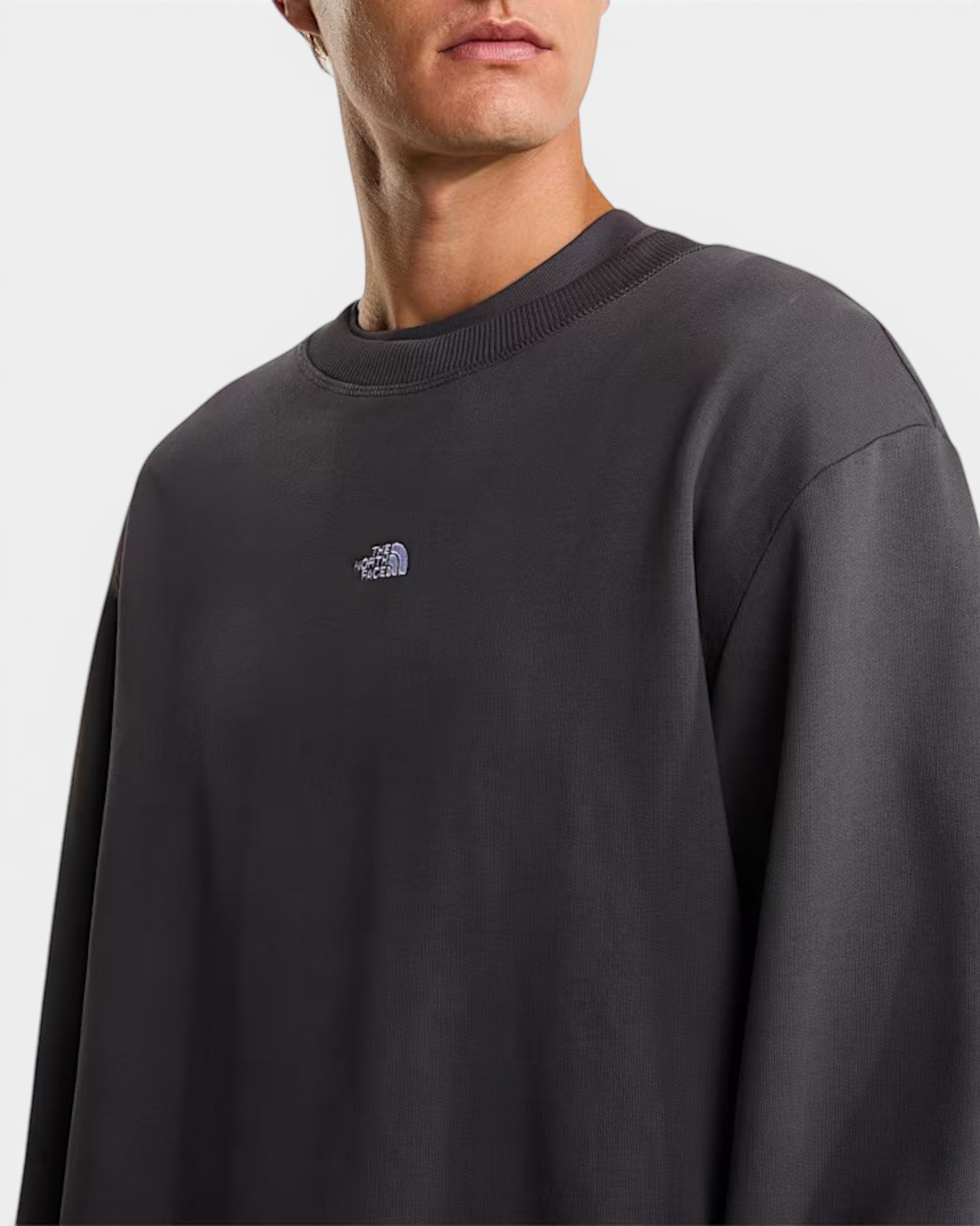 Astrofat The North Face anthracite grey cotton crewneck sweatshirt with small chest logo and ribbed collar