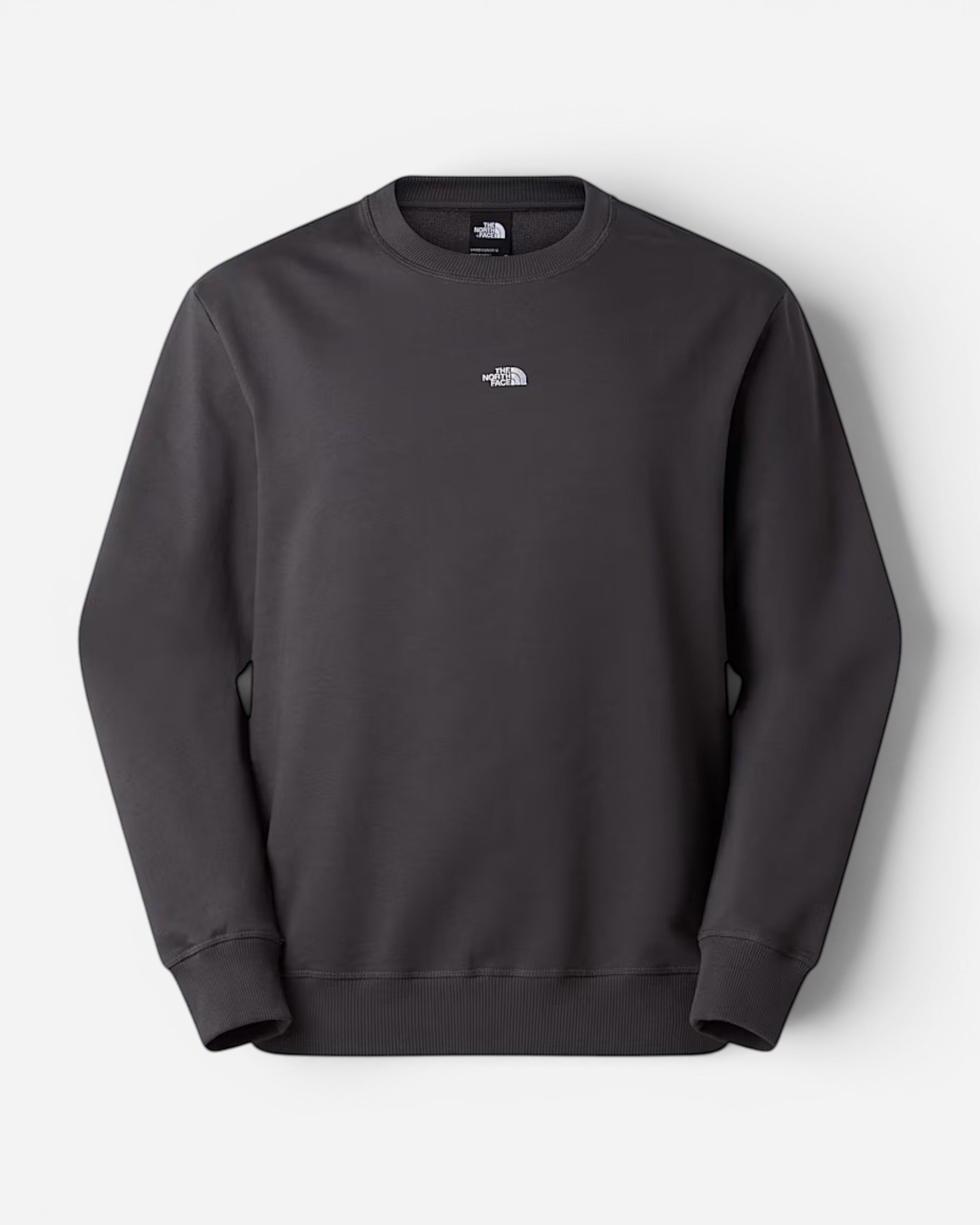 Astrofat The North Face anthracite grey cotton crewneck sweatshirt with small white chest logo and ribbed collar.