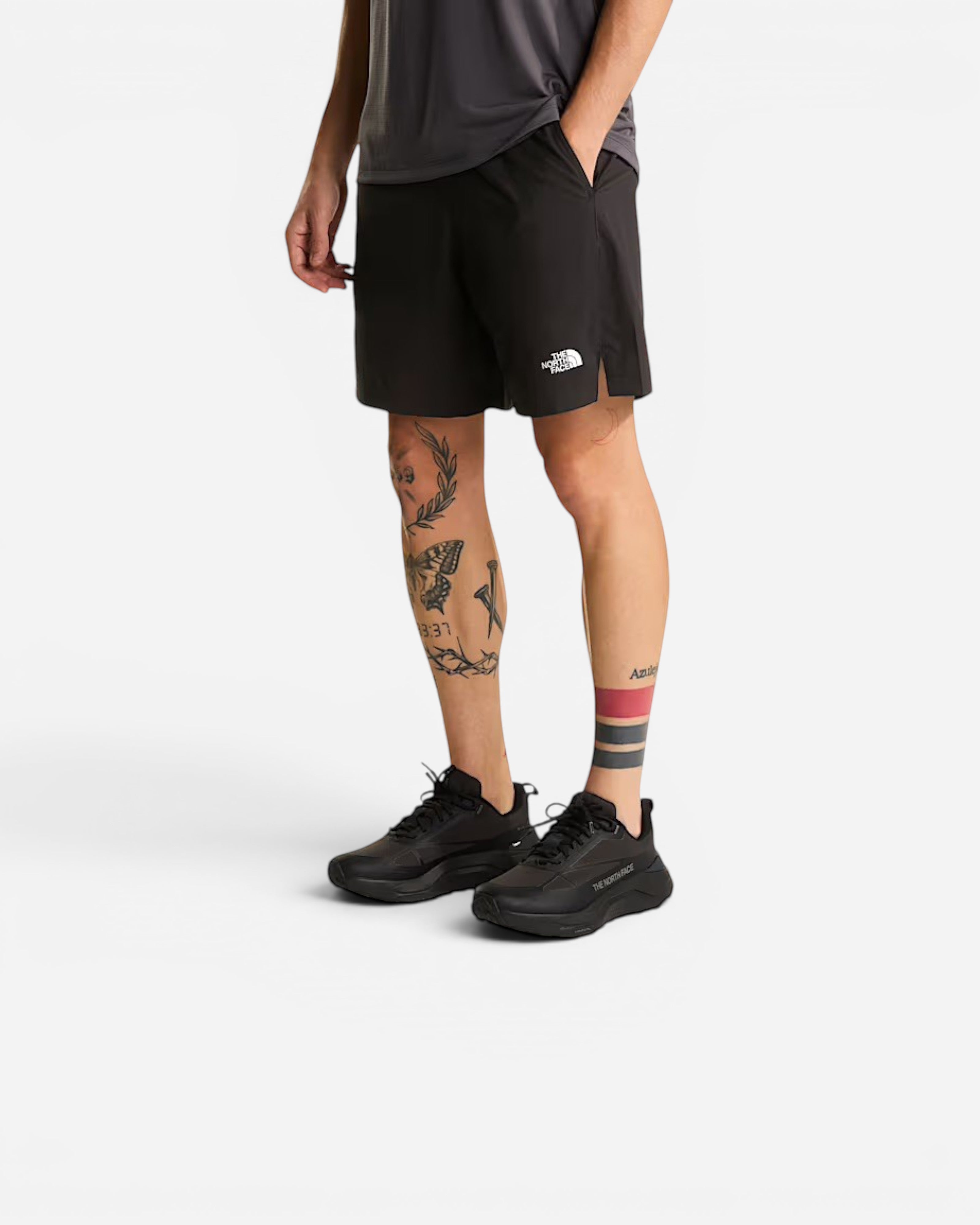 Astrofat The North Face black athletic shorts with FlashDry technology and white logo on the left leg