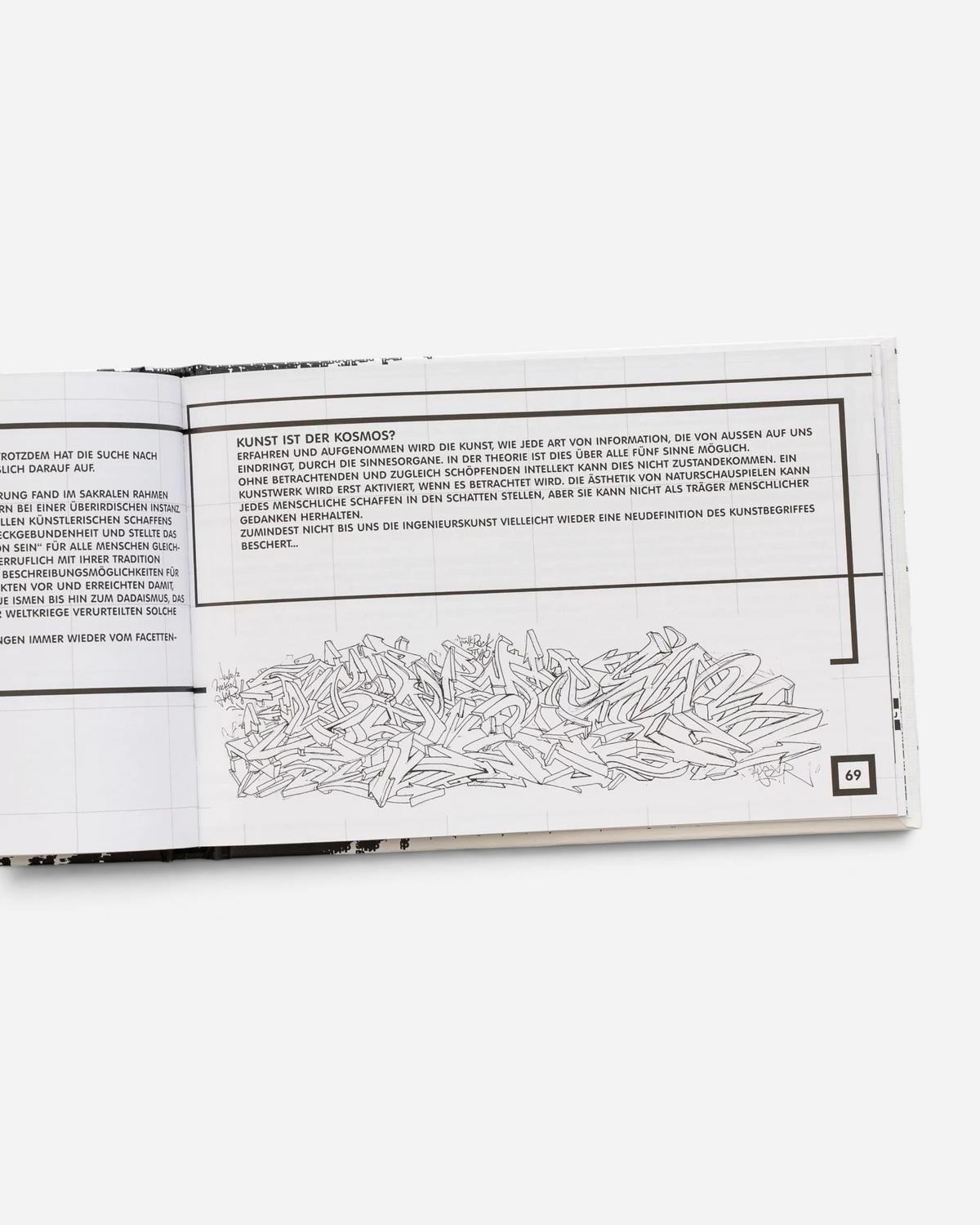 Astrofat Theory of Style book open to page 69, showing a detailed black and white graffiti sketch and German text.