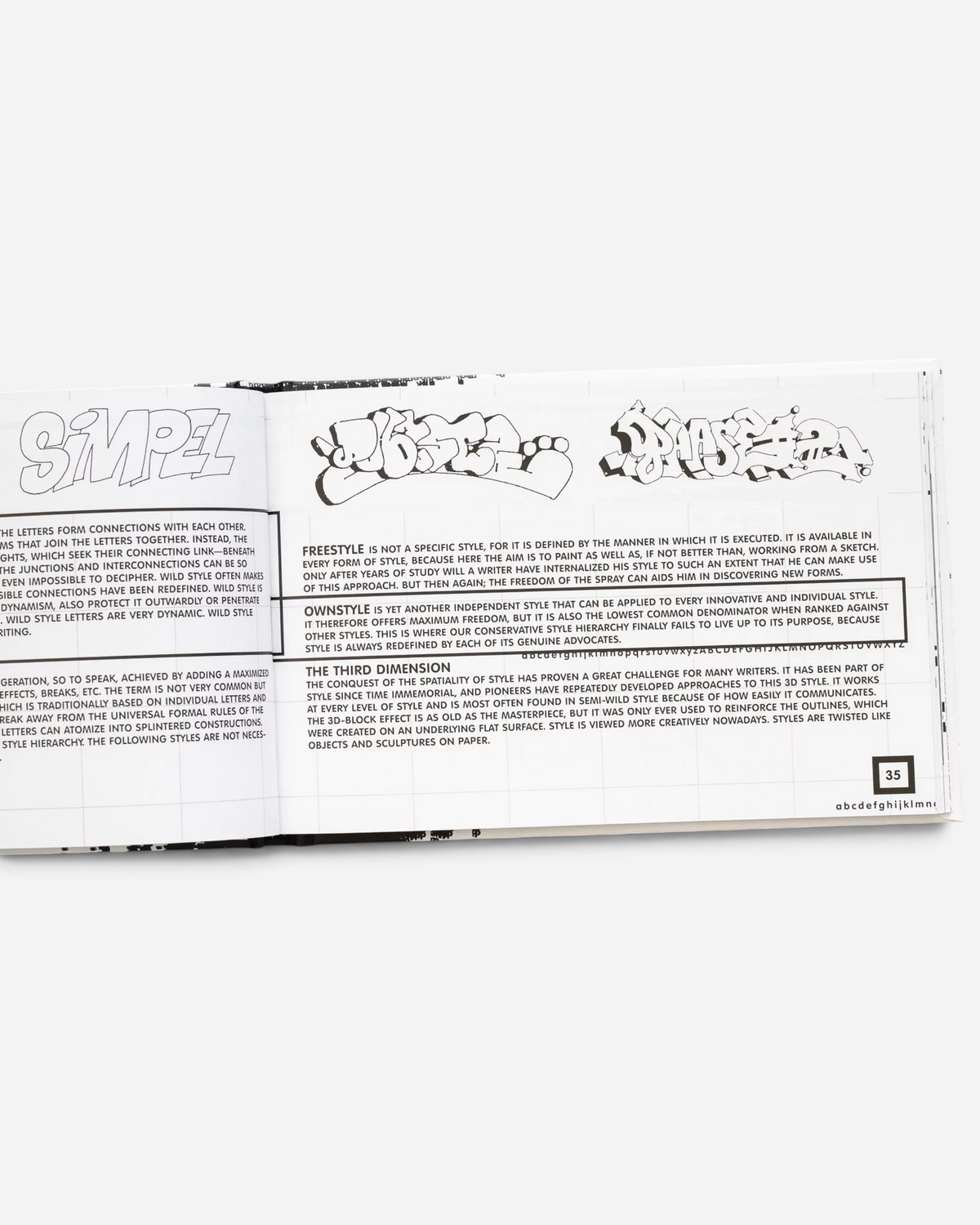 Astrofat Theory of Style book open to page 35, showing black and white graffiti lettering analysis and typography diagrams.