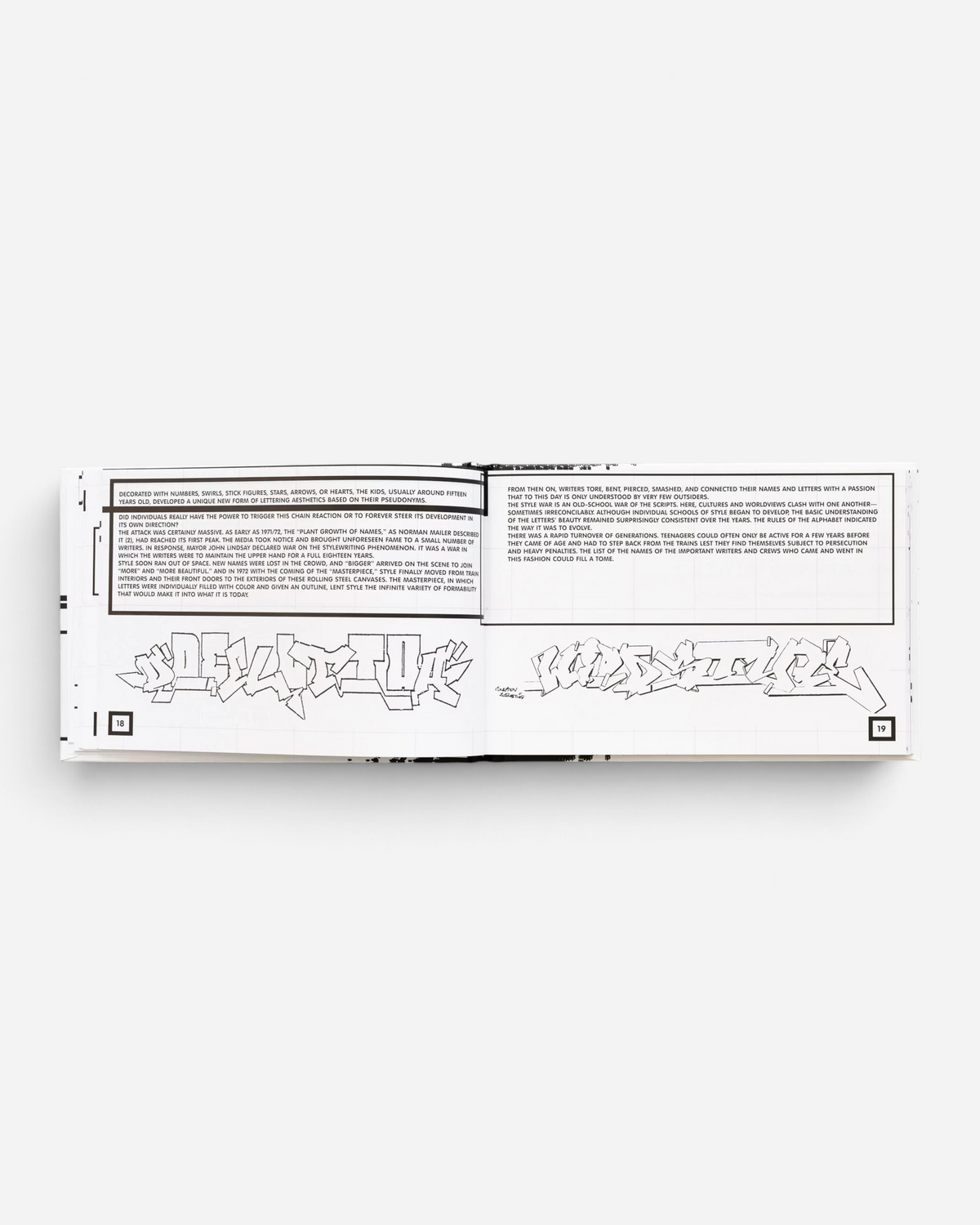 Astrofat Theory of Style book open to pages 18 and 19 showing black and white graffiti sketches and historical text.