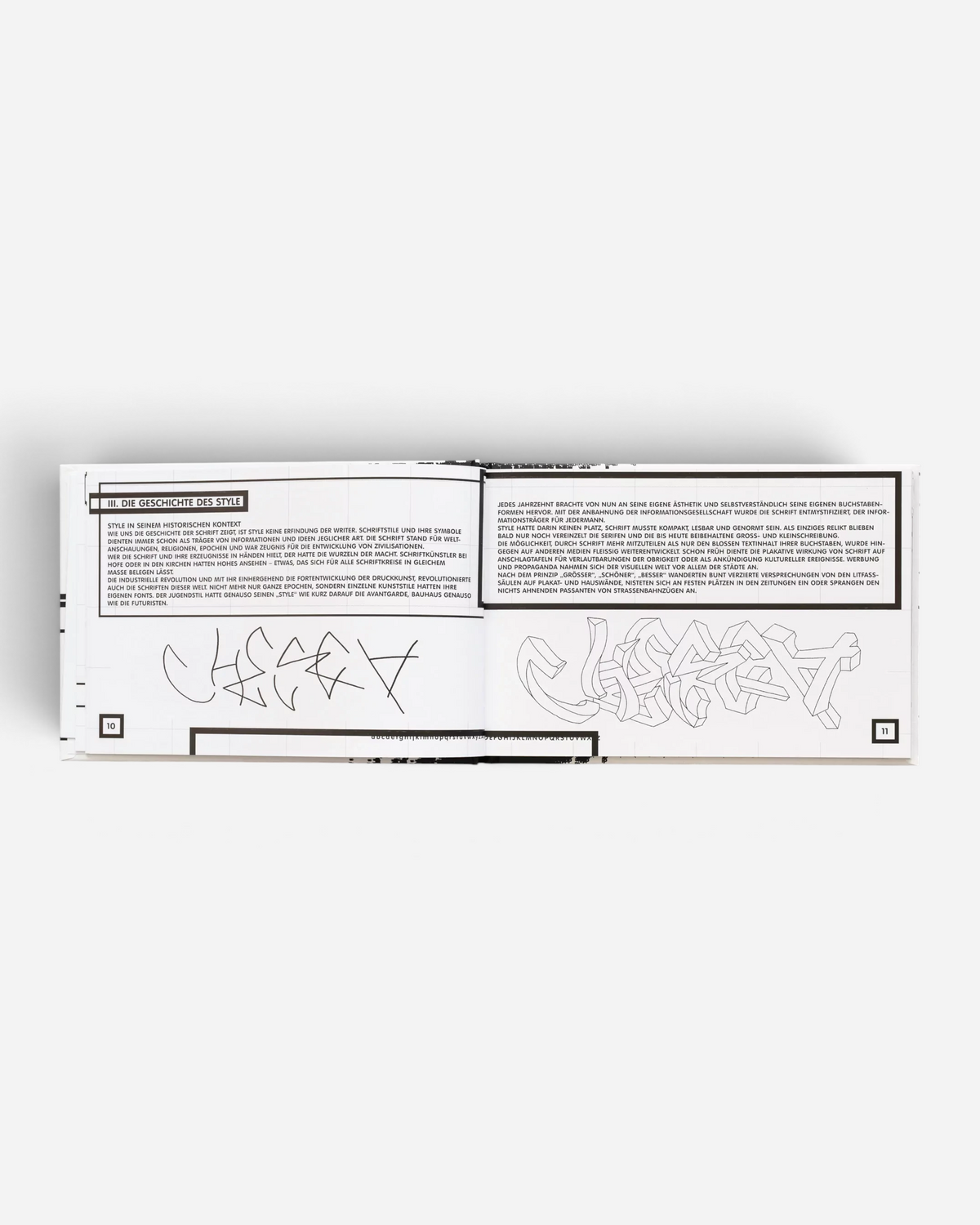 Astrofat Theory of Style book open to pages 10 and 11 featuring black and white graffiti typography and text analysis.