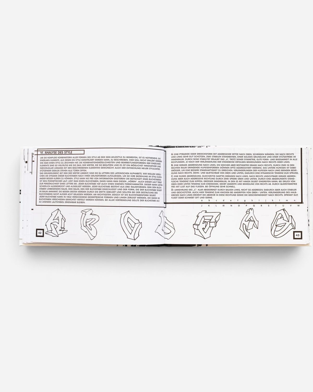 Astrofat Theory of Style book open to page 42 and 43 showing technical graffiti letter analysis and sketches