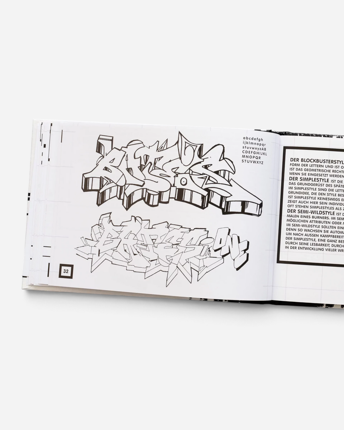 Astrofat Theory of Style book open to page 32 showing black and white graffiti letter form analysis and sketches.