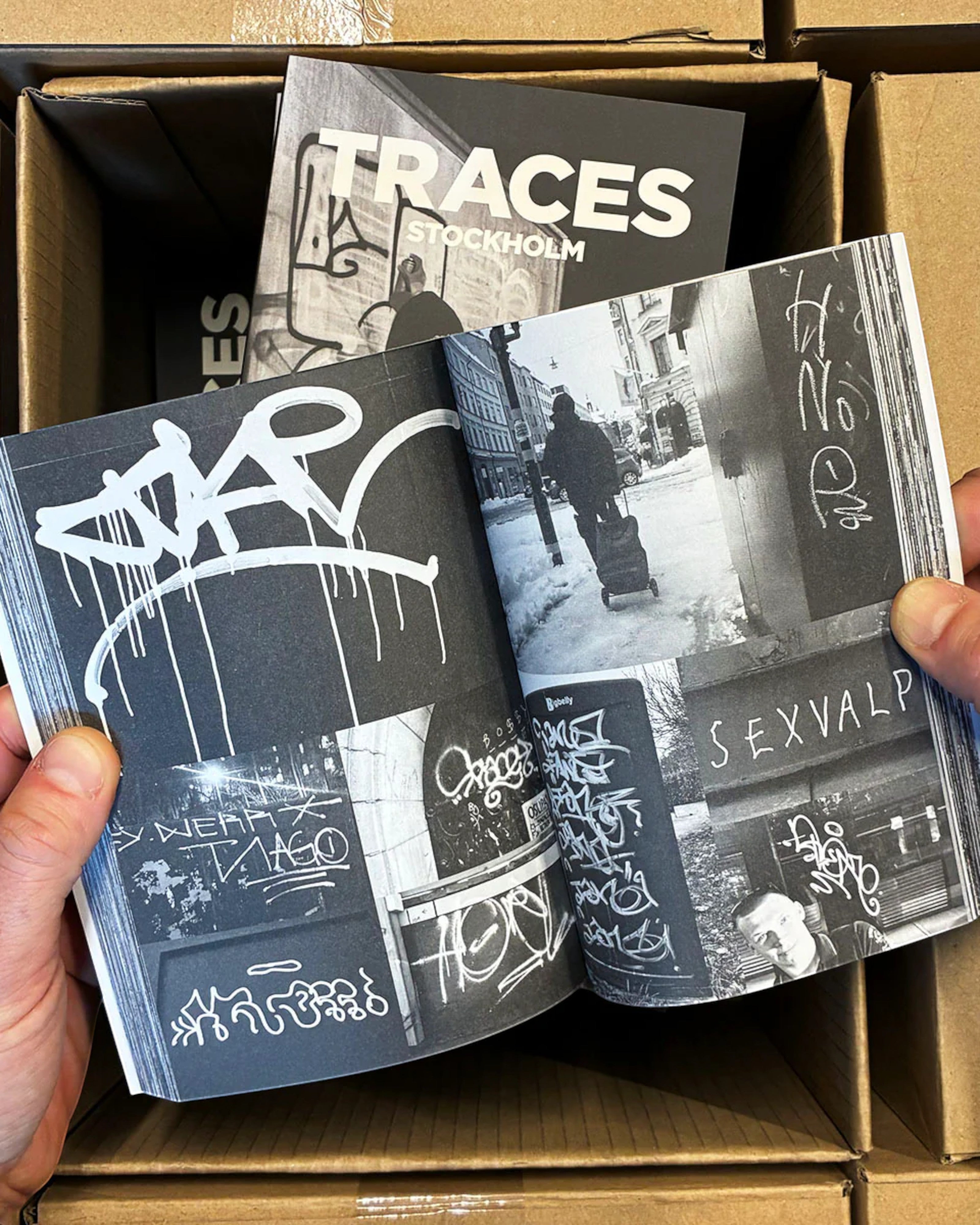 Astrofat Traces Stockholm book featuring 204 pages of black and white graffiti tags and throw-ups photographed over 25 years.