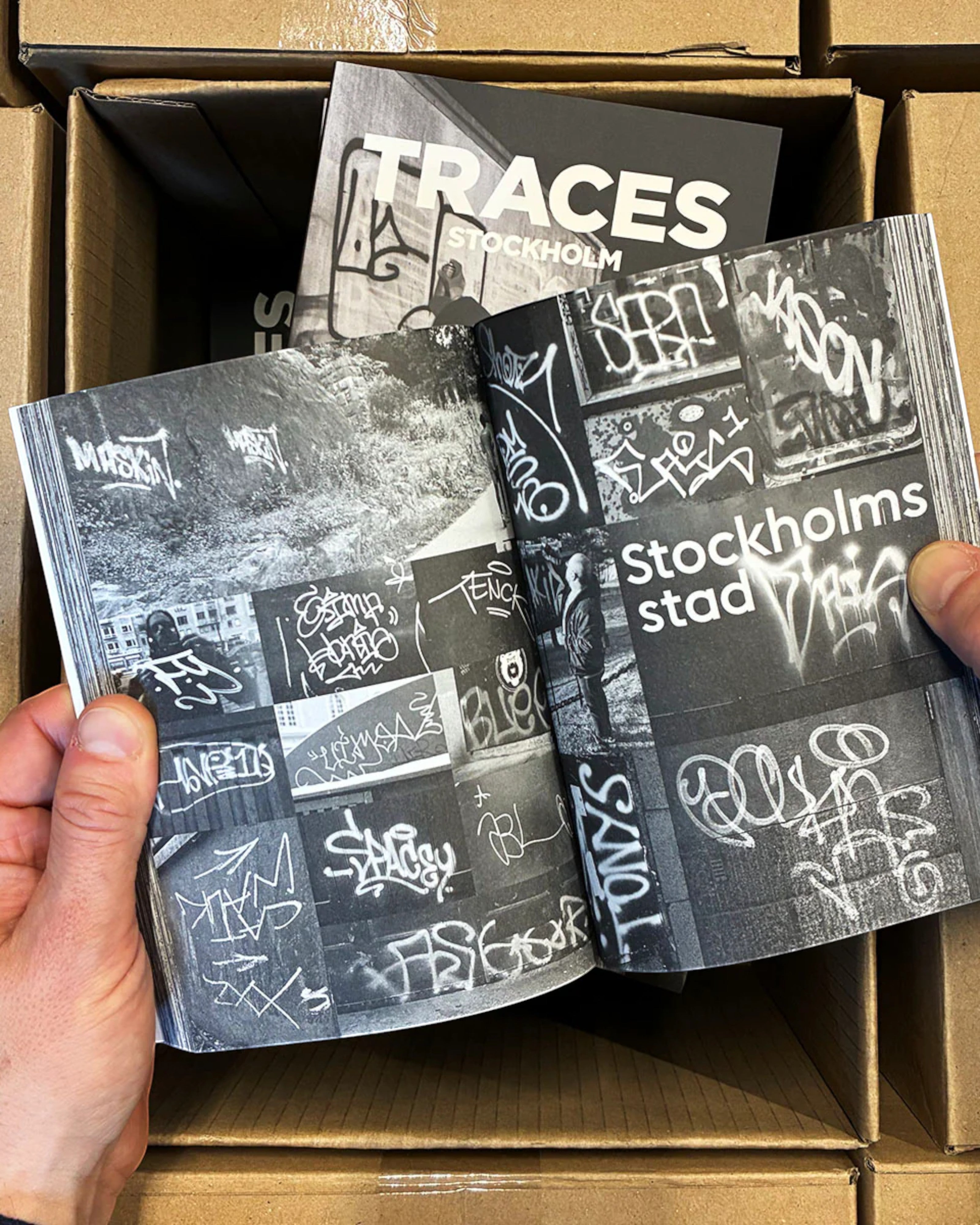 Astrofat TRACES Stockholm book featuring black and white graffiti tags and throw-ups photographed over 25 years.