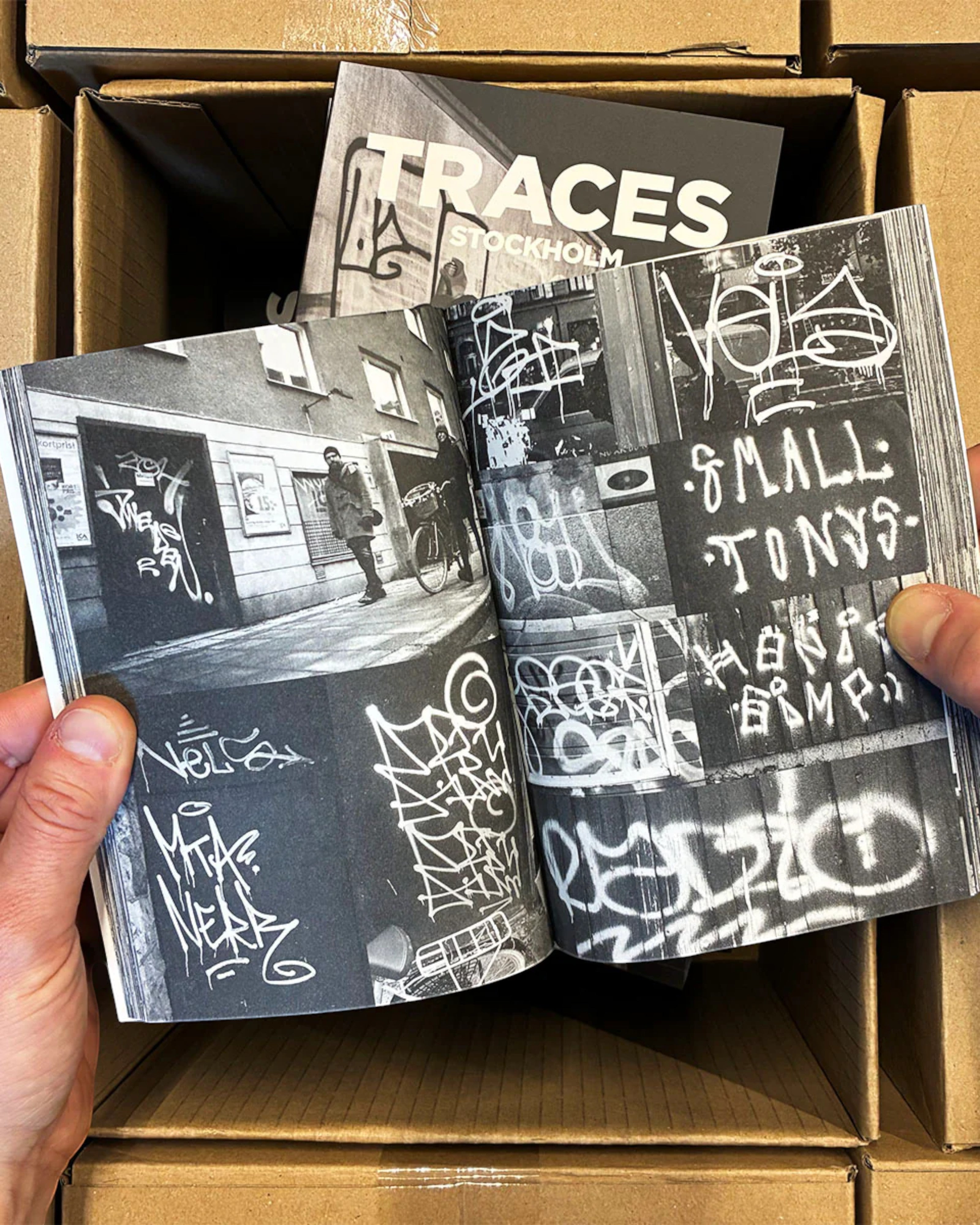 Astrofat Traces - Stockholm book featuring black and white graffiti tags and throw-ups photographed over 25 years.