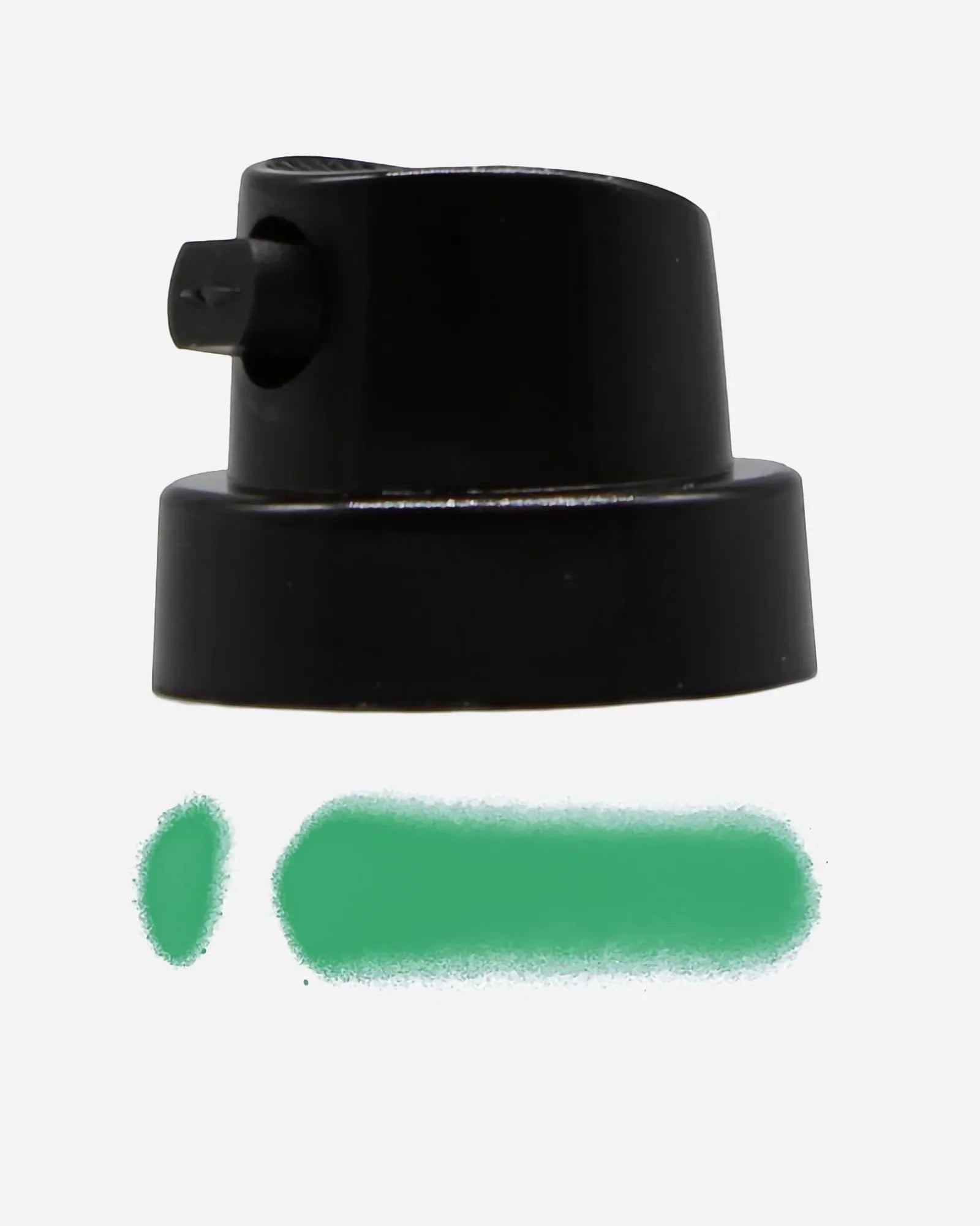 Astrofat Transversal black spray paint cap with adjustable nozzle and green paint lines showing wide and thin spray patterns.