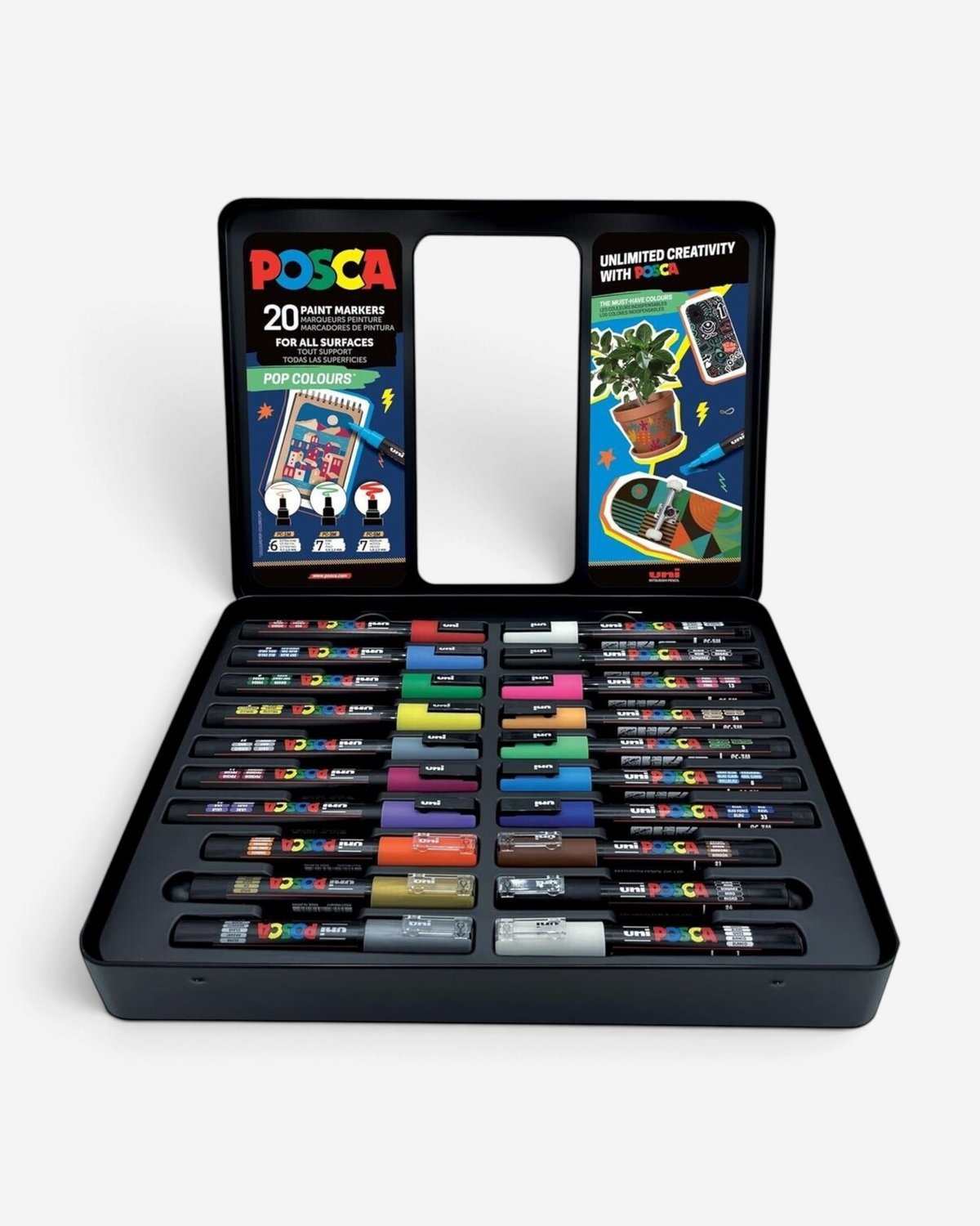Astrofat Uni Posca paint marker set of 20 in a black metal storage case with assorted vibrant pop colours