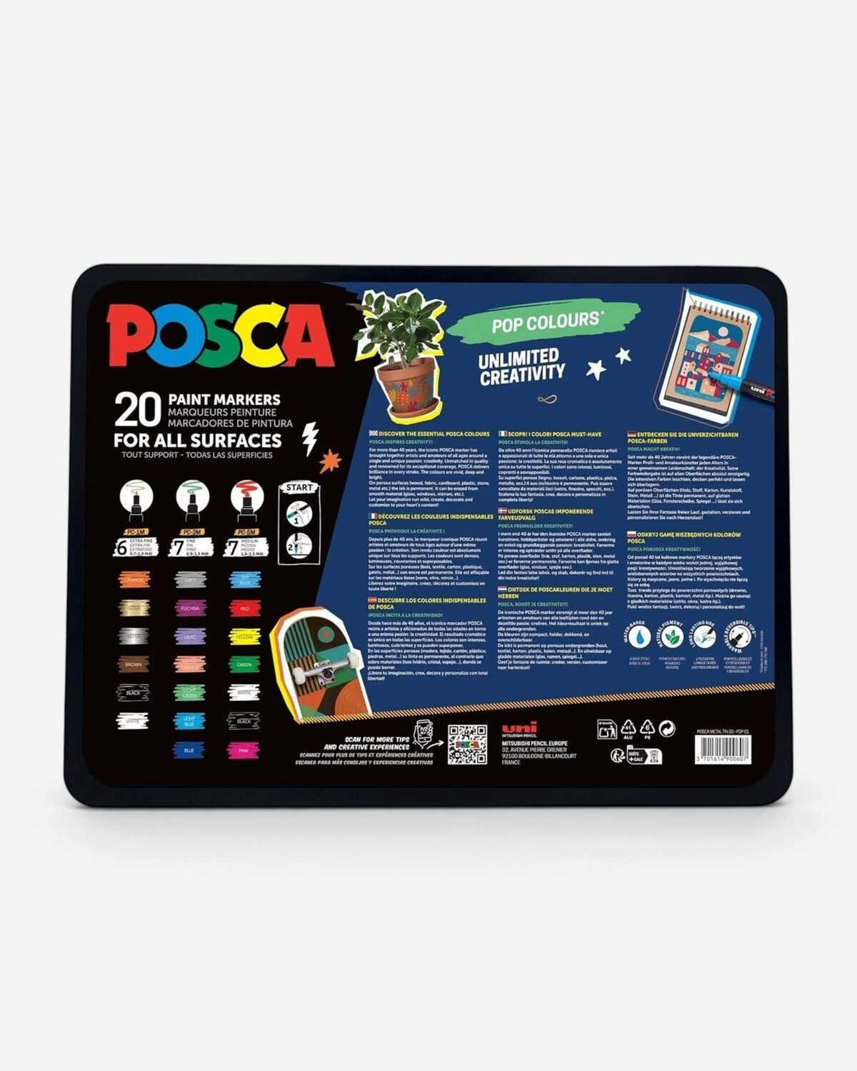Astrofat Uni Posca paint marker set packaging featuring 20 vibrant colors for various surfaces and creative projects.