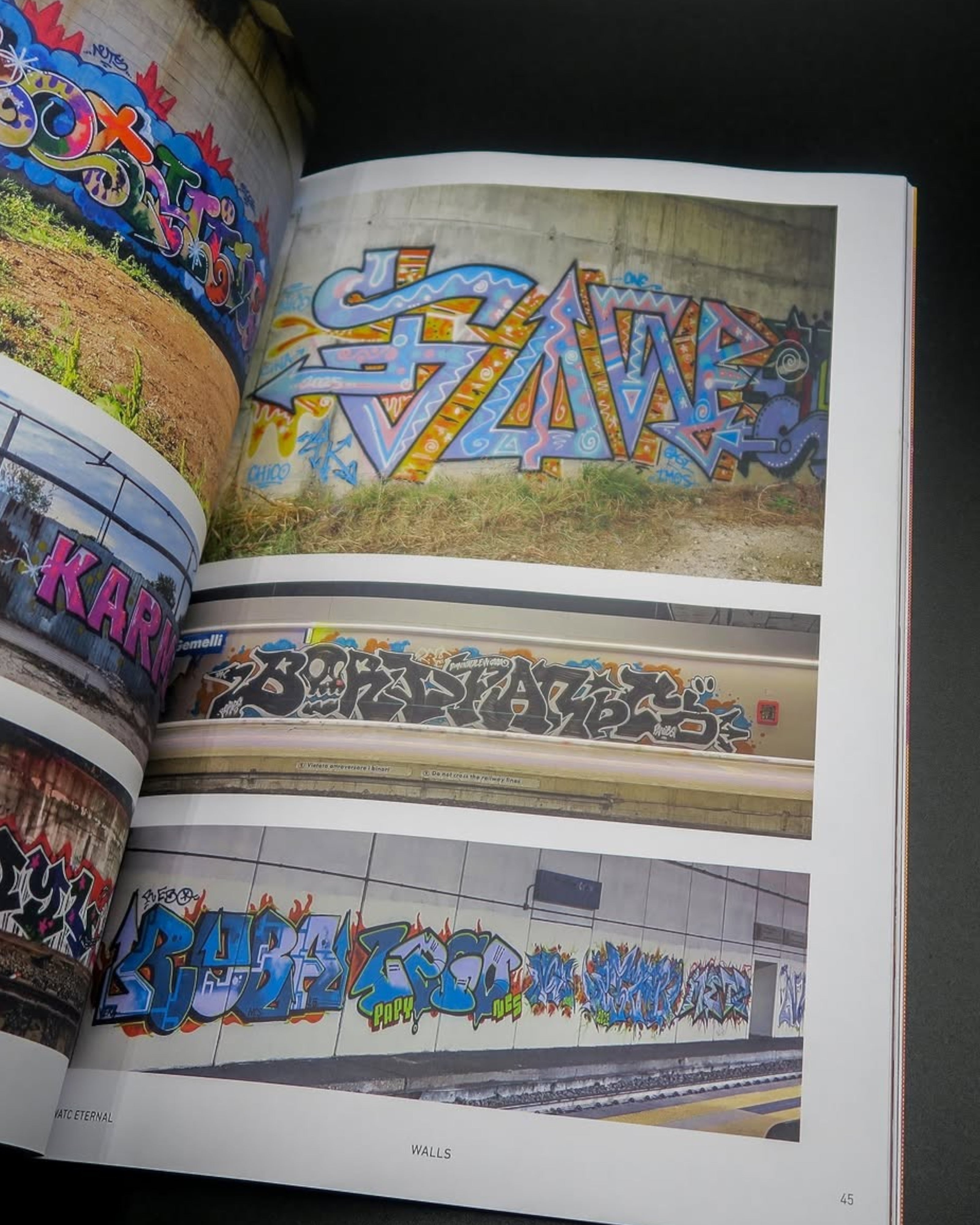 Astrofat We Are The City Eternal Roma 2026 book showing colorful graffiti art on walls and trains in an open spread