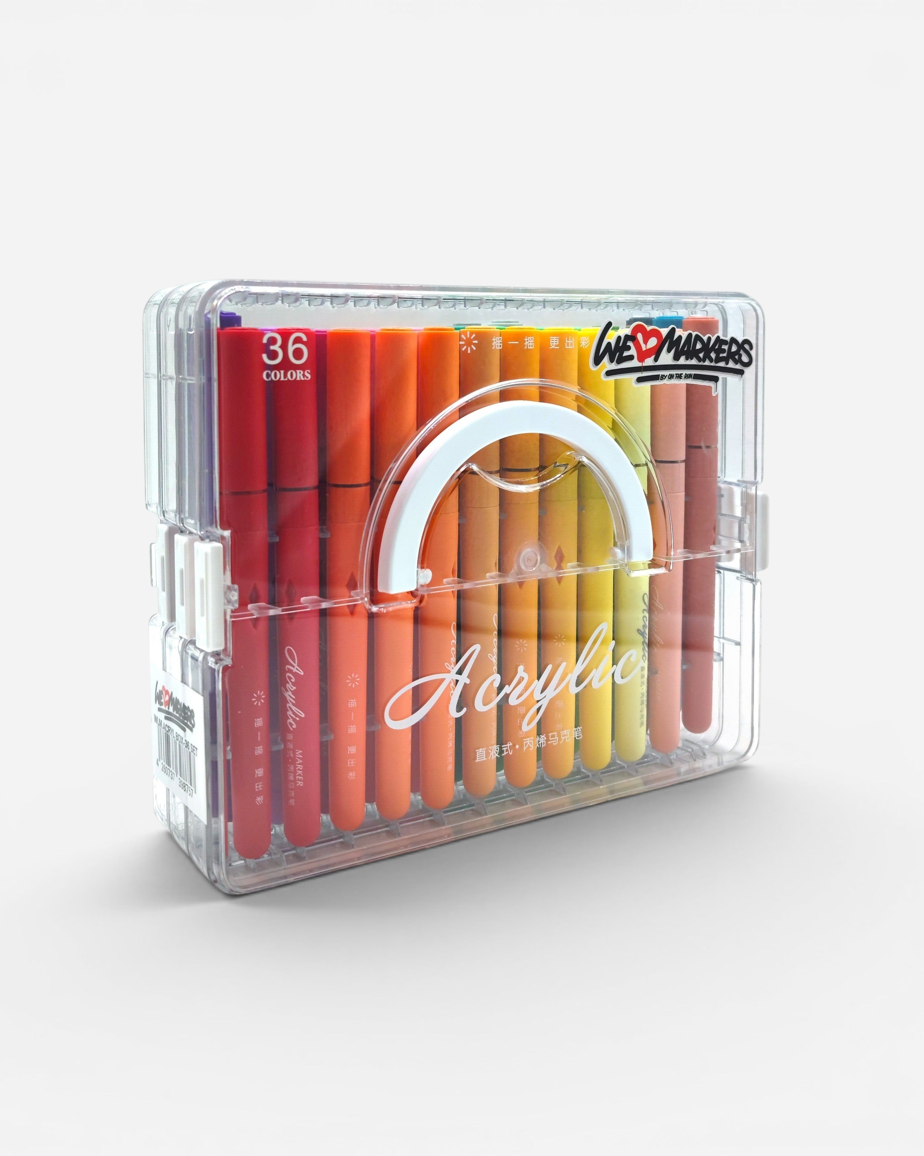 Astrofat WeLoveMarkers acrylic brush marker set with 36 vibrant colors in a clear case, featuring a gradient of reds, oranges, and yellows.
