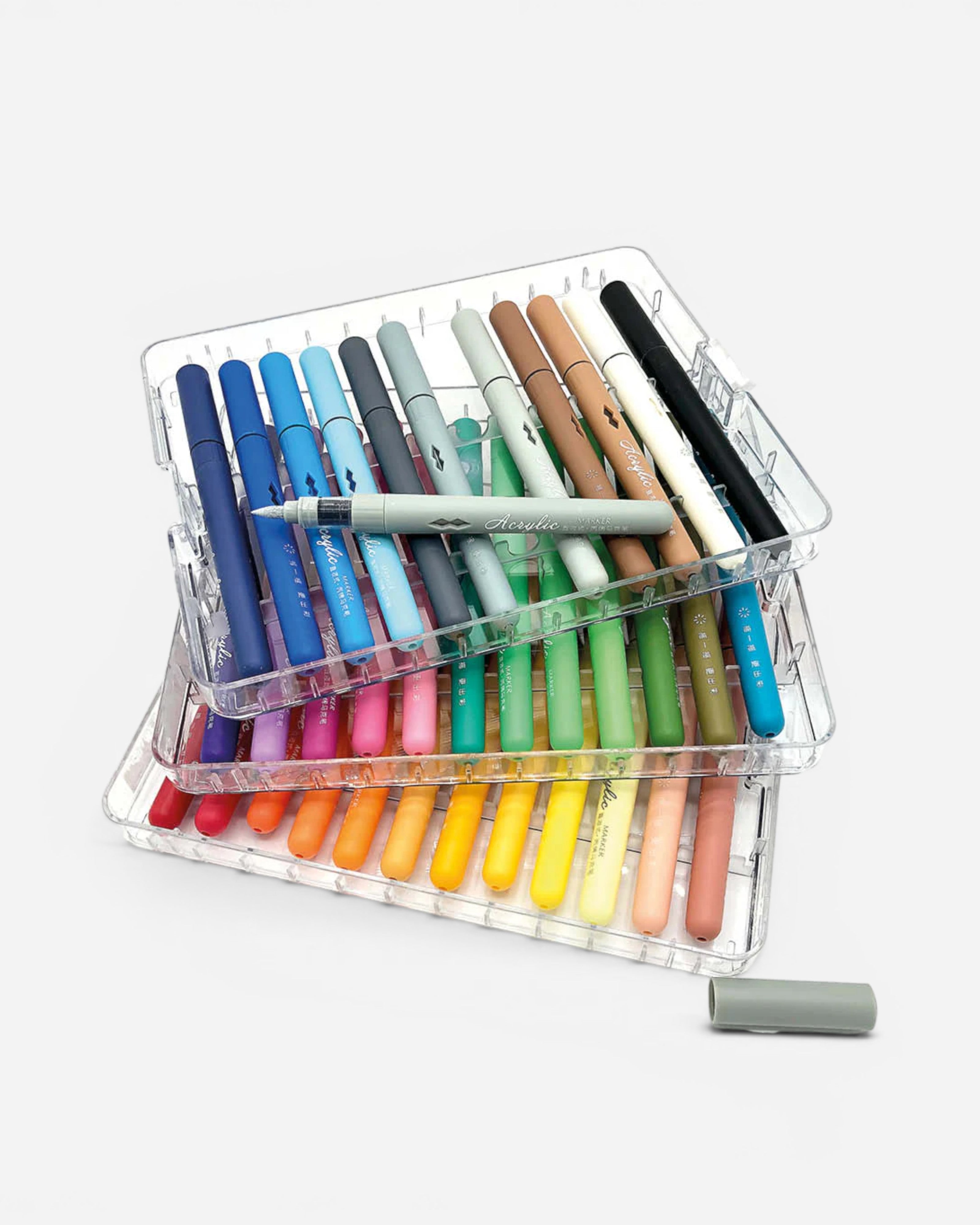 Astrofat Welovemarkers acrylic brush marker set with 72 colors in a clear organizer case. Markers are arranged in 6 layers.