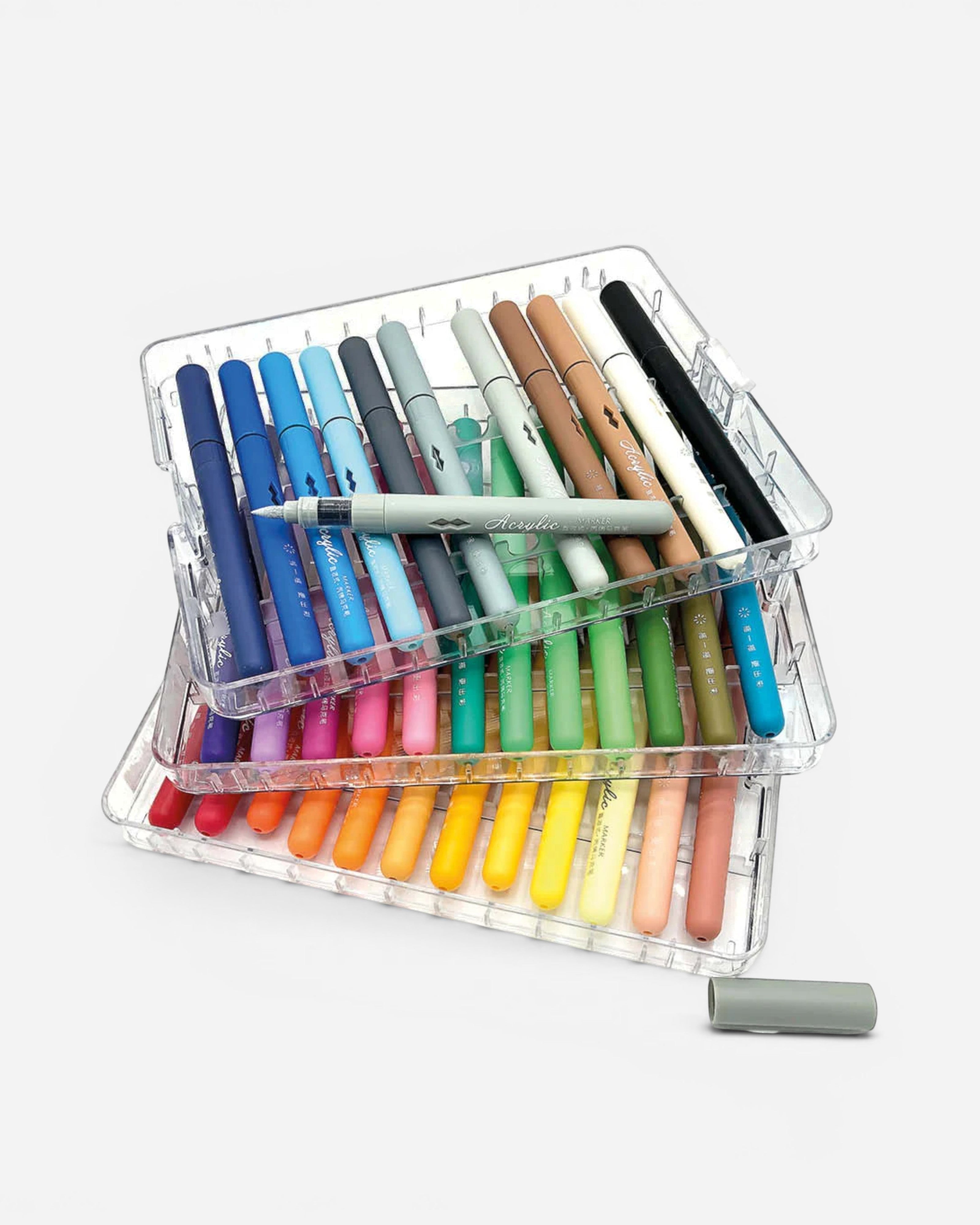 Astrofat Welovemarkers acrylic brush marker set with 72 colors in a clear organizer case. Markers are arranged in 6 layers.