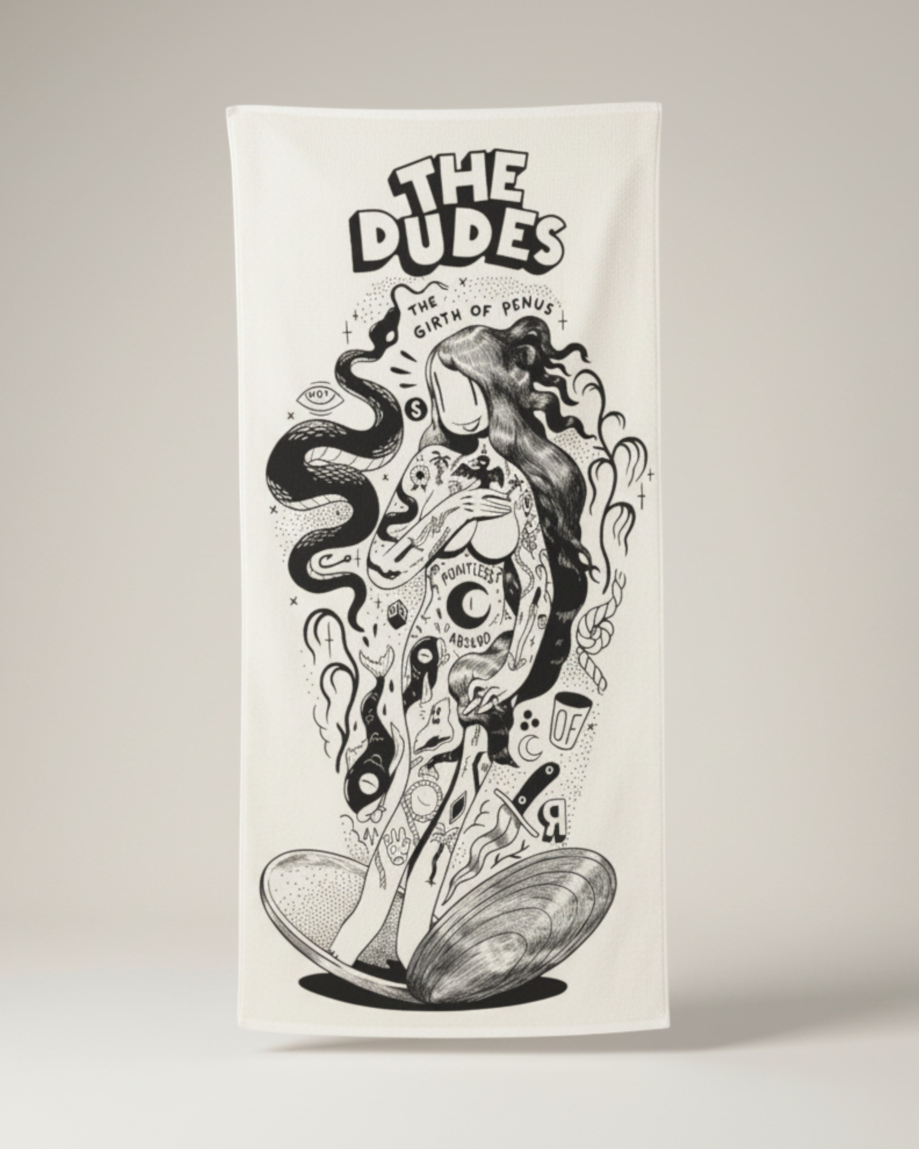 Astrofat white cotton blend beach towel with black "The Dudes Girth of Penus" graphic art of a tattooed woman with a snake.