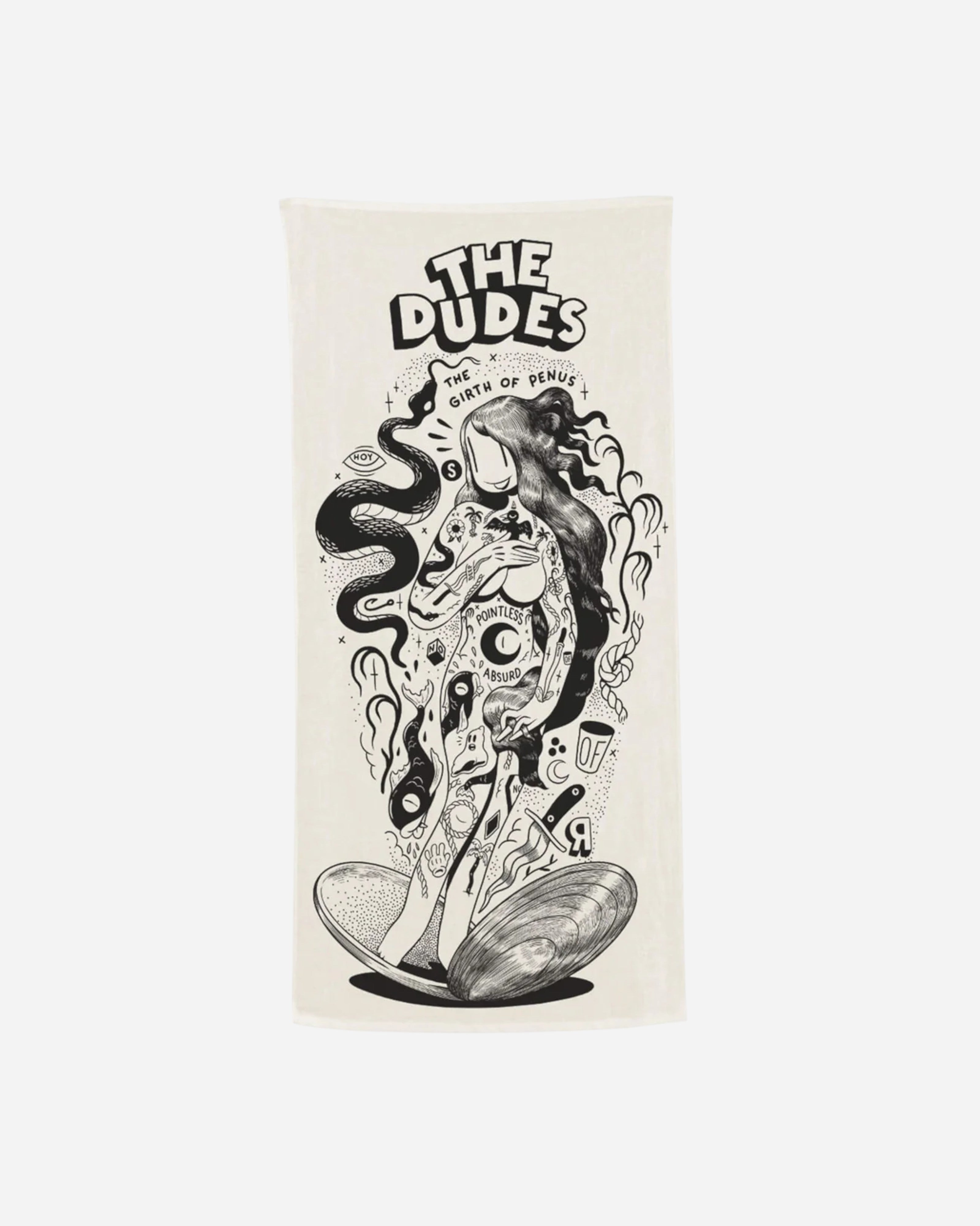 Astrofat white beach towel with black graphic art of a tattooed woman and snake, featuring "The Dudes" and "The Girth of Penus" text.
