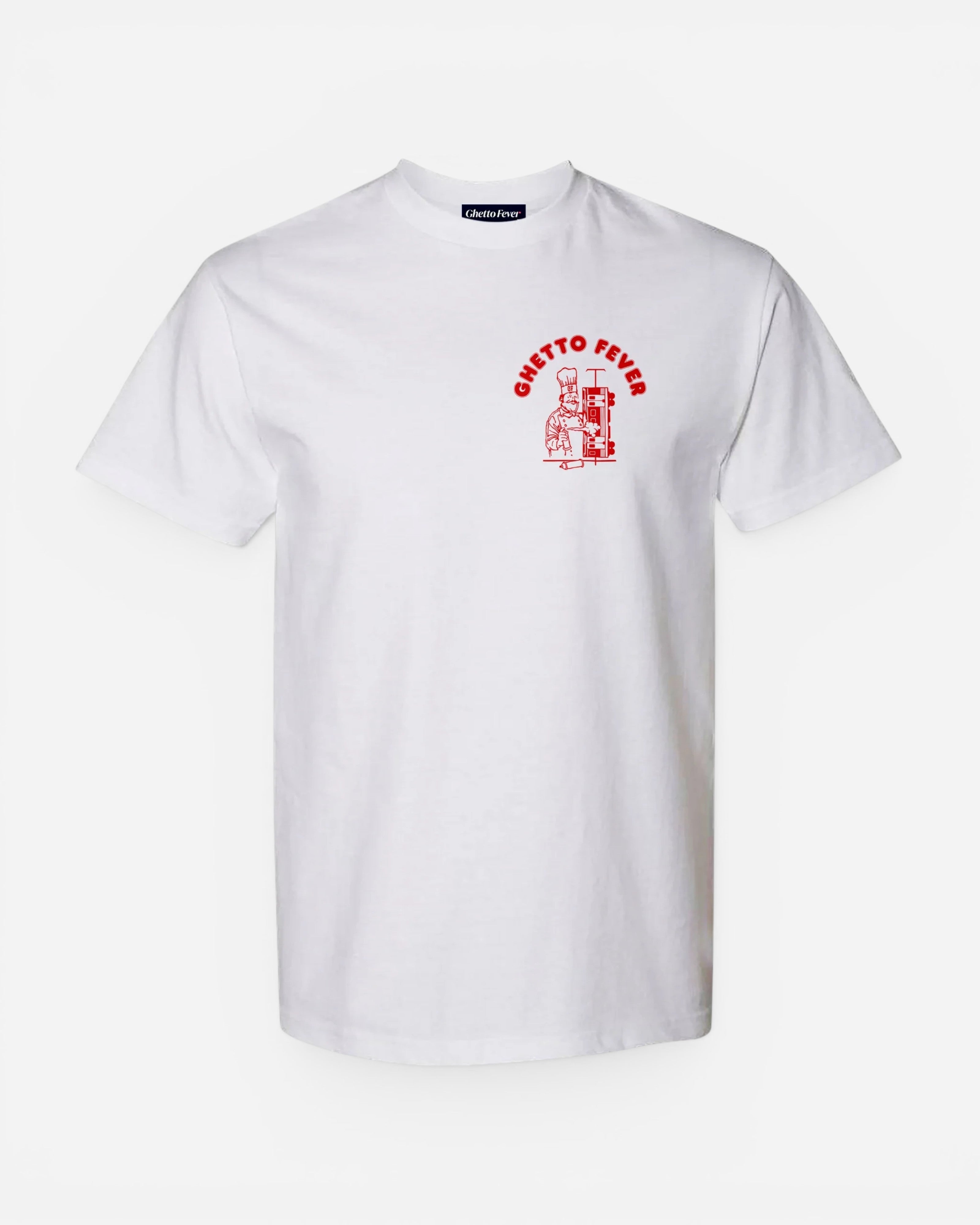 Astrofat white cotton t-shirt featuring a red Ghetto Fever Dönermane graphic print on the chest.
