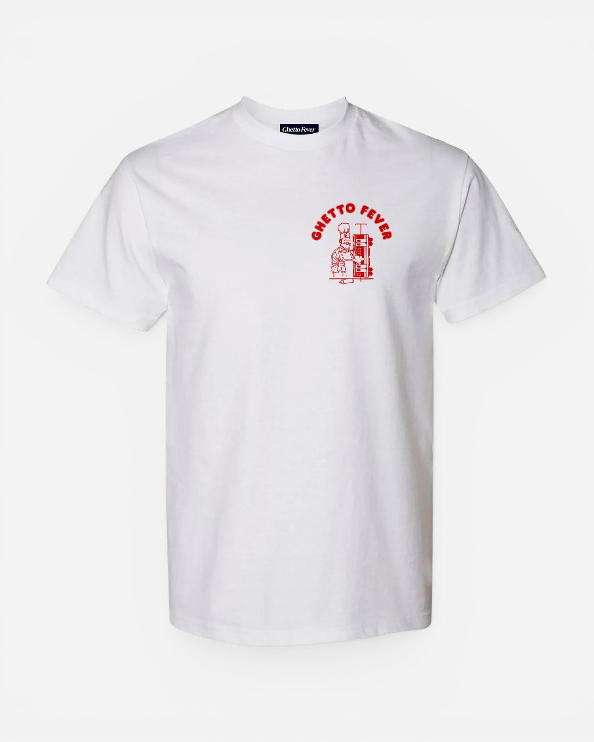 Astrofat white cotton t-shirt featuring a red Ghetto Fever Dönermane graphic print on the chest.