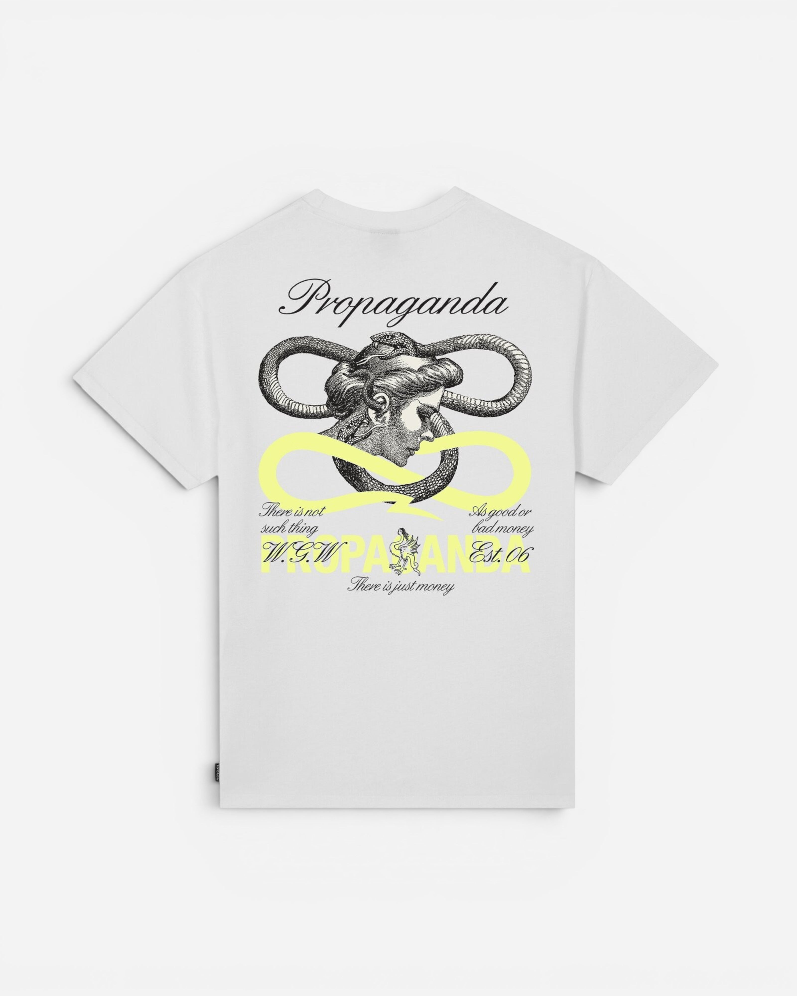 Astrofat white cotton t-shirt with a graphic print of a woman's head entwined with a snake and text.
