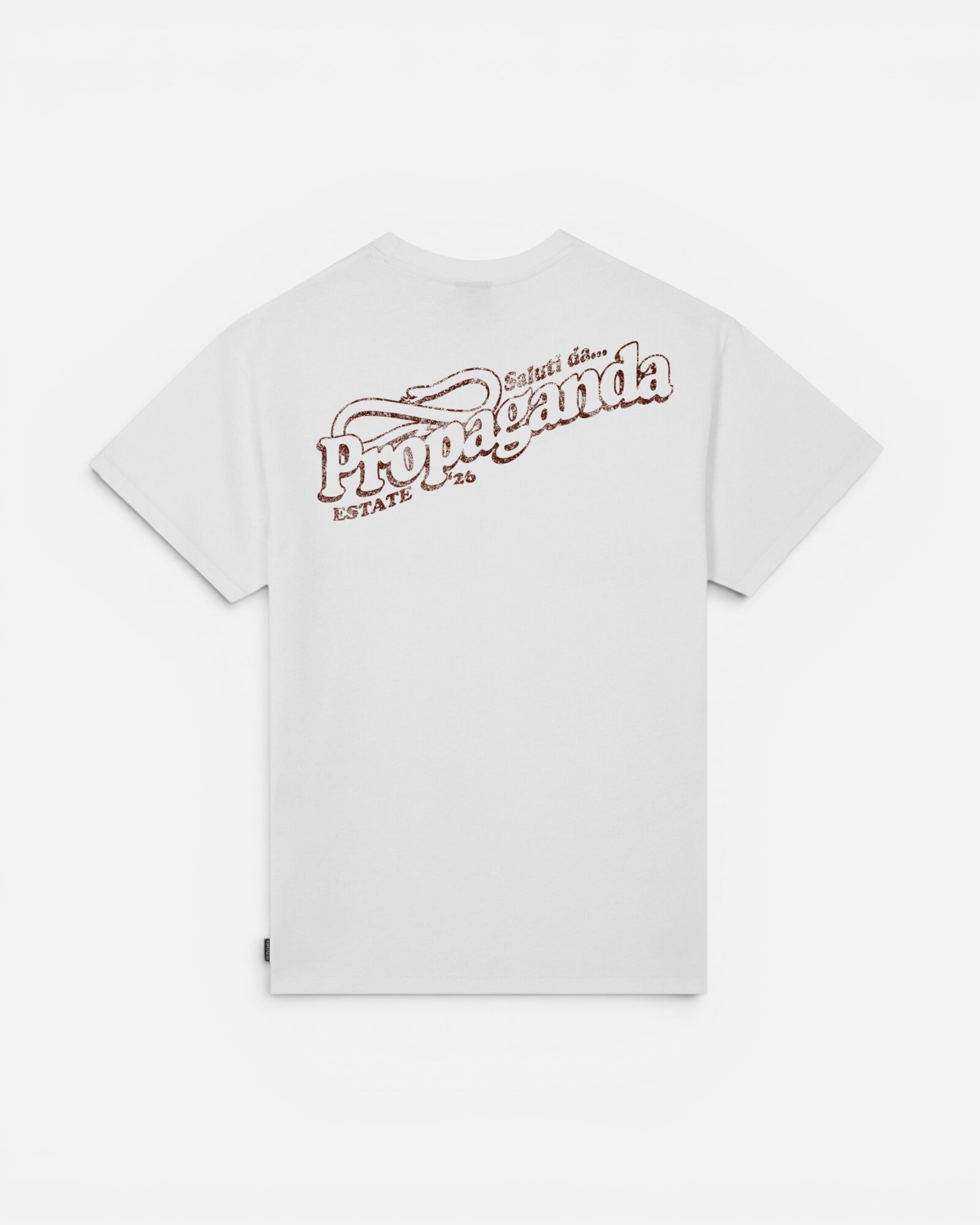 Astrofat white cotton t-shirt with a brown distressed 'Propaganda Estate '26' graphic print on the back.