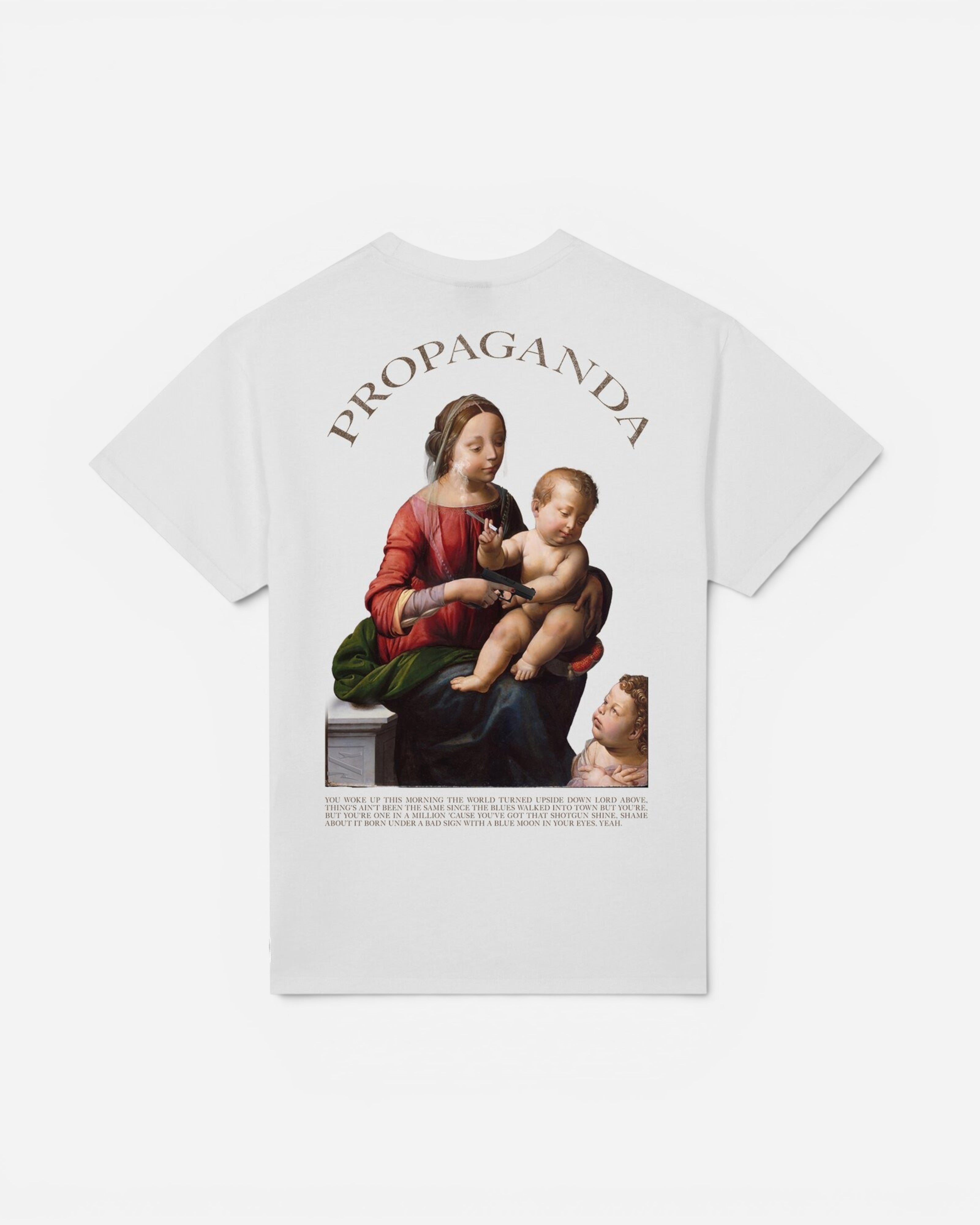 Astrofat white cotton t-shirt with a graphic print of Madonna and Child holding a gun, with text below.
