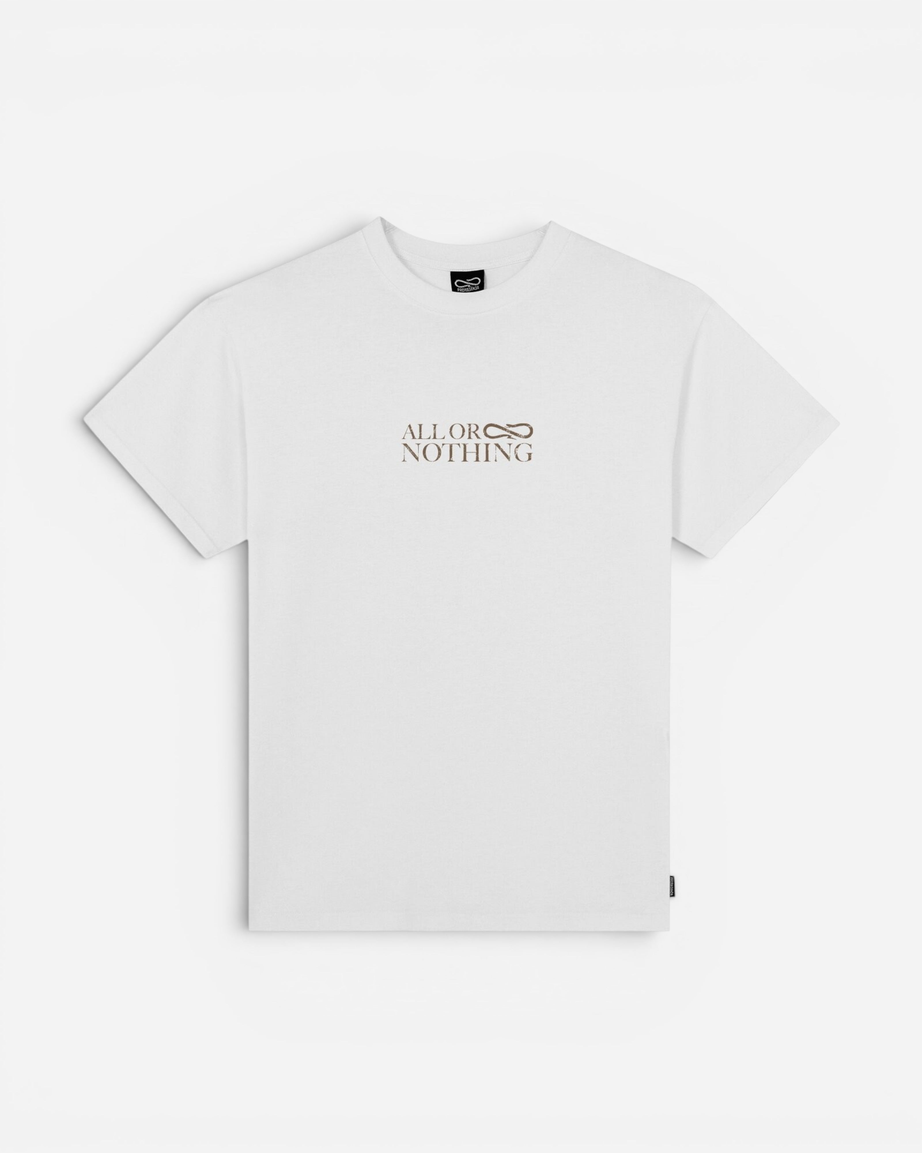 Astrofat white cotton t-shirt with 'ALL OR NOTHING' graphic print on the chest and a small label on the side.