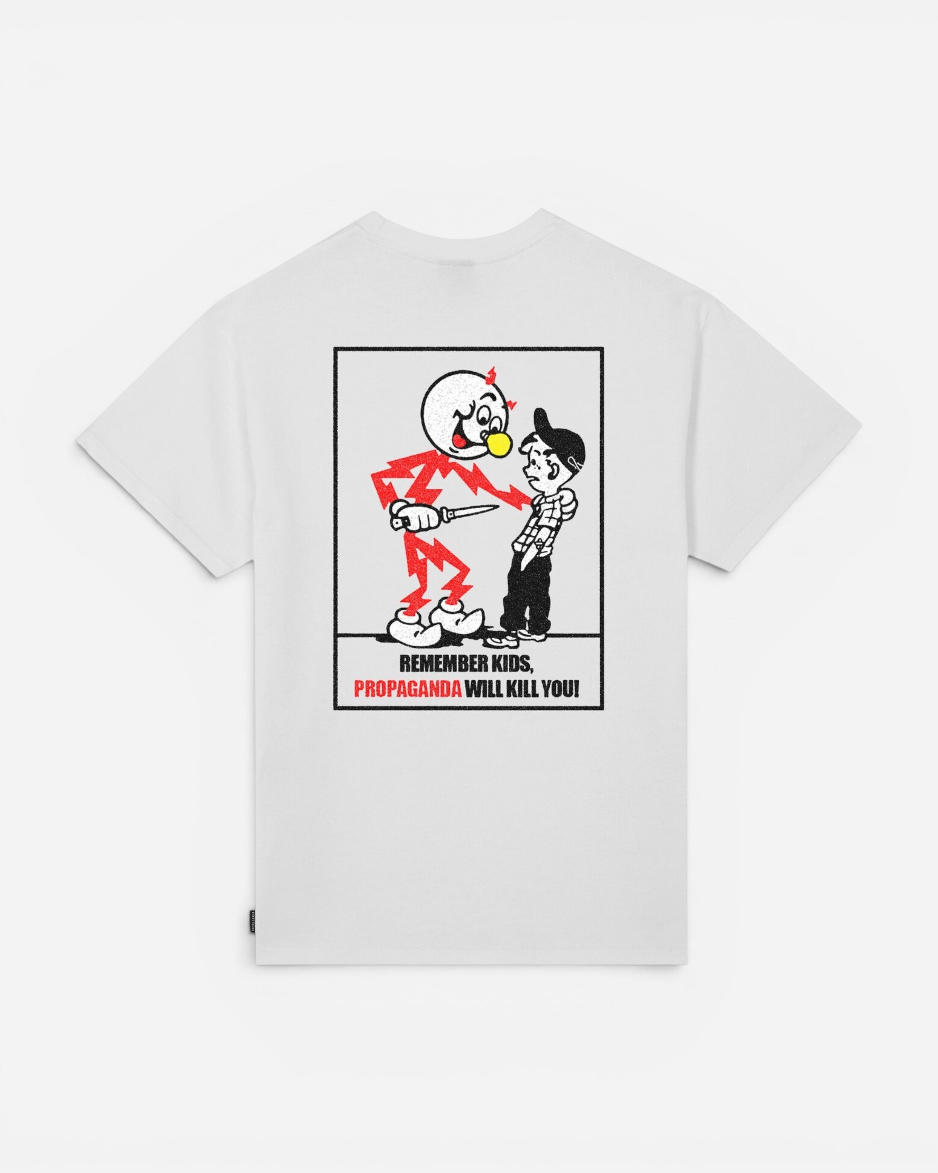 Astrofat white cotton t-shirt with a graphic print on the back depicting a character with lightning bolts and a knife threatening another character, with text that reads "REMEMBER KIDS, PROPAGANDA WILL KILL YOU!"