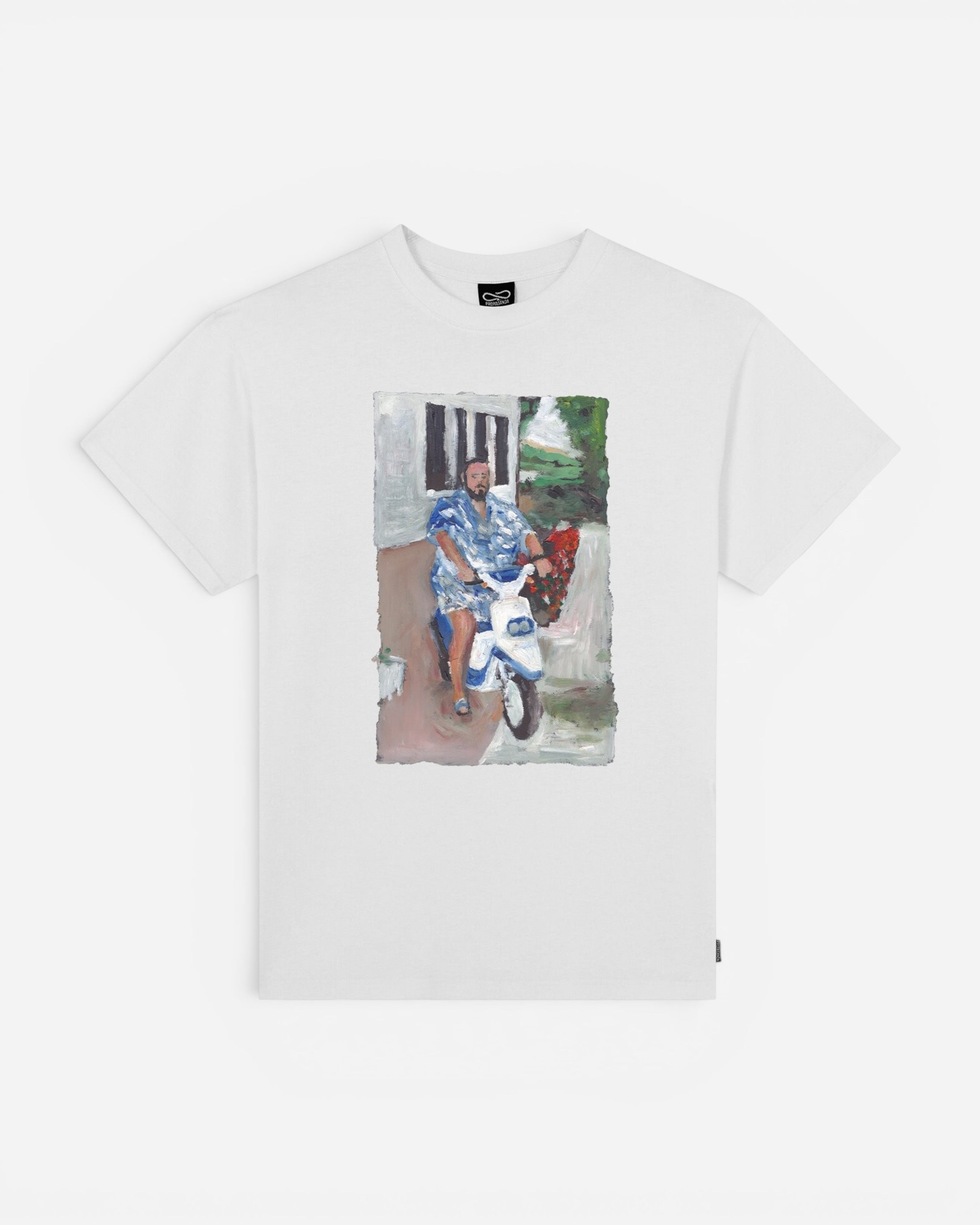 Astrofat white cotton t-shirt with a graphic print of a man on a scooter. Features short sleeves and a crew neck.